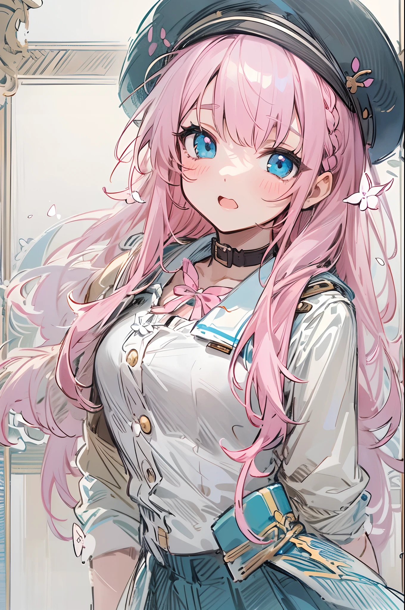 (An extremely delicate and beautiful),dynamic angle,finedetail, (full bloom), (Shine), classic, (Painting), 电影灯光,extremely delicate and beautiful girls, Beautiful detailed eyes, (1girll),Mature female, ((Pink hair)),Light blue eyes,aquagradient eyes,Long straight hair,french braid,black hair band, (white beret),Dark blue Zeravon,dark-blue skirt,Black coat,((White stockings)),(Brown Martin boots), Medium chest,Uncolored line drawings,Cute girl