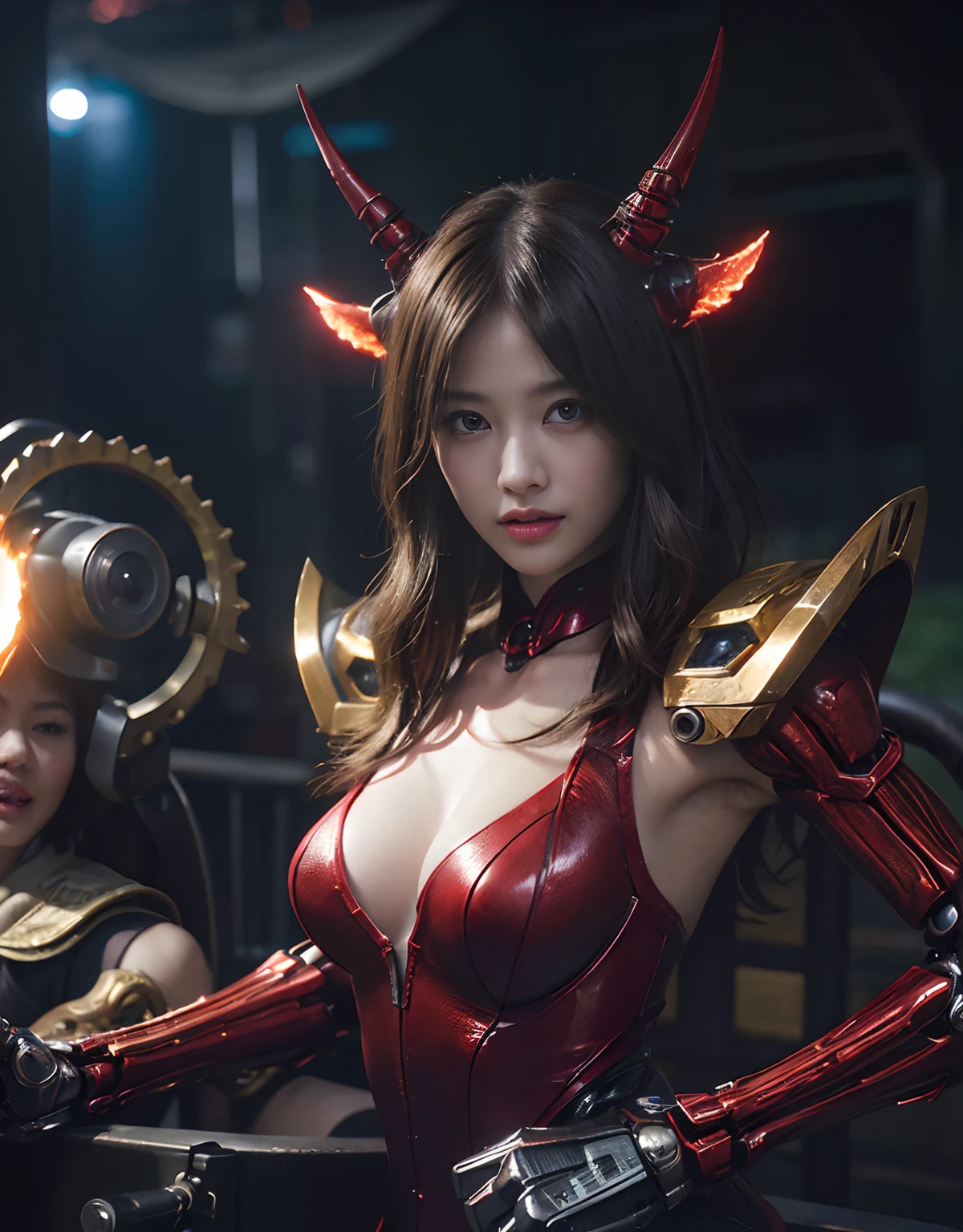 (1 Mechanical Girl)、top-quality、​masterpiece、超A high resolution、(Photorealsitic:1.4)、Raw photo、女の子1人、Fight mutants、glowy skin、(((1 Mechanical Girl)))、With a beautiful knife、（Blue Metal Bodysuit）、（Fight fiercely against aliens）、Fight fiercely、(beautiful forest background)、(Fighting Demonic Beasts)、(Small LED)、((super realistic details))、portlate、(Strong giant demon beast background),globalillumination、Shadow、octan render、8K、ultrasharp、Colossal tits、Raw skin is exposed in cleavage、metals、Details of complex ornaments、Japan details、highly intricate detail、Realistic light、(Mystical expression),CGSoation Trends、Red Eyes、radiant eyes、Facing the camera、neon details、(Mechanical limbs)、(blood vessels connected to tubes)、Mechanical vertebrae attached to the back、mechanical cervical attaching to neck、(Wires and cables connecting to the head)、Gundam、Small LED、,Mechanical thighs、Toostock、（Hands are also made of machines）、（Attack of the Monster Beasts）、（Wounded in a deadly battle）、