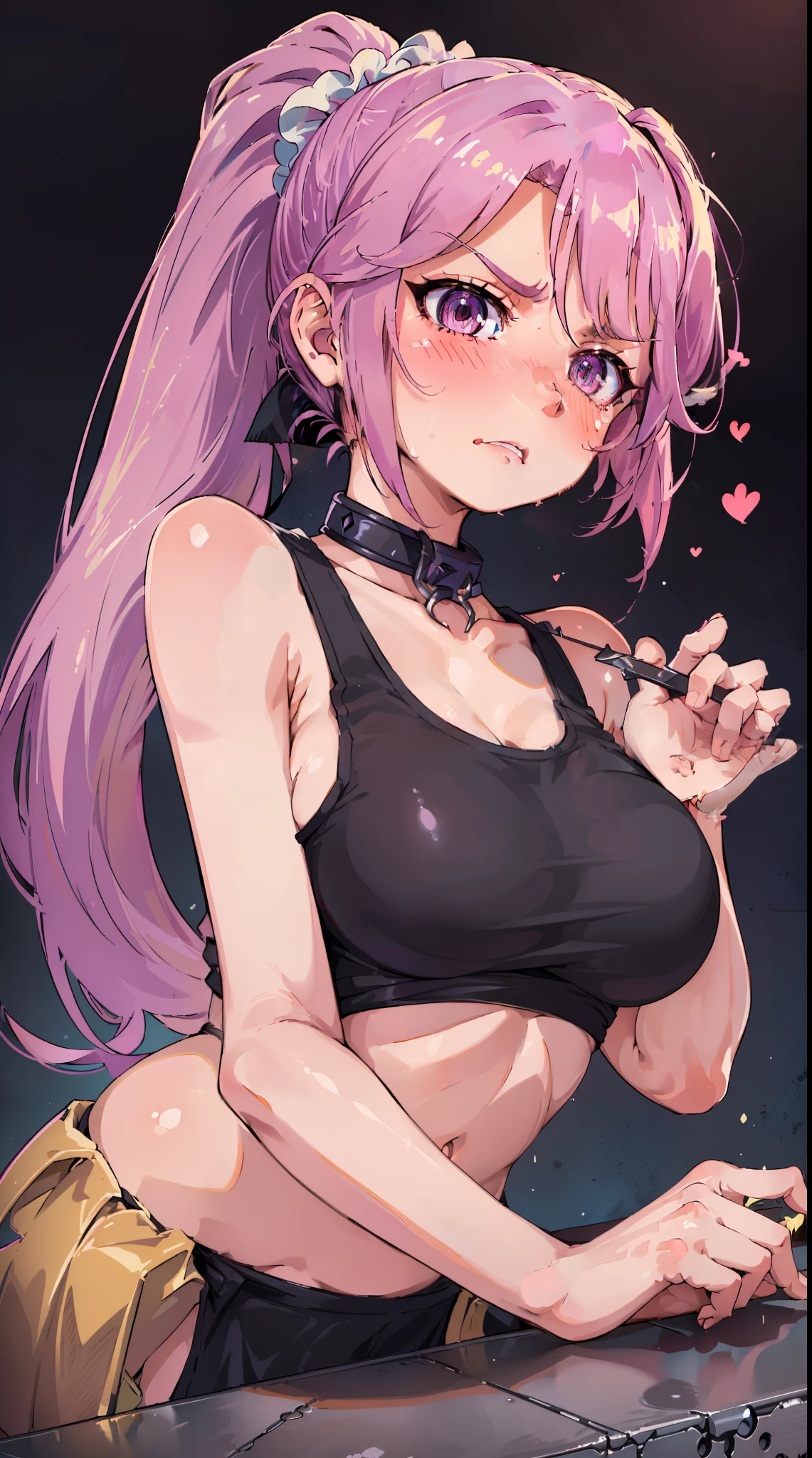 Jibril, ((upper body)), blushed, perfect anatomy, detailed eyes, detailed lips, extremely detailed eyes and face, vivid colors, sharp focus, masterpiece:1.2, ultra-detailed, blushed, ((doggystyle)), (solo), ((cropped tank top)), sleeveless, ((((ponytail)))), (((disdain, disgust))), ((black collar))