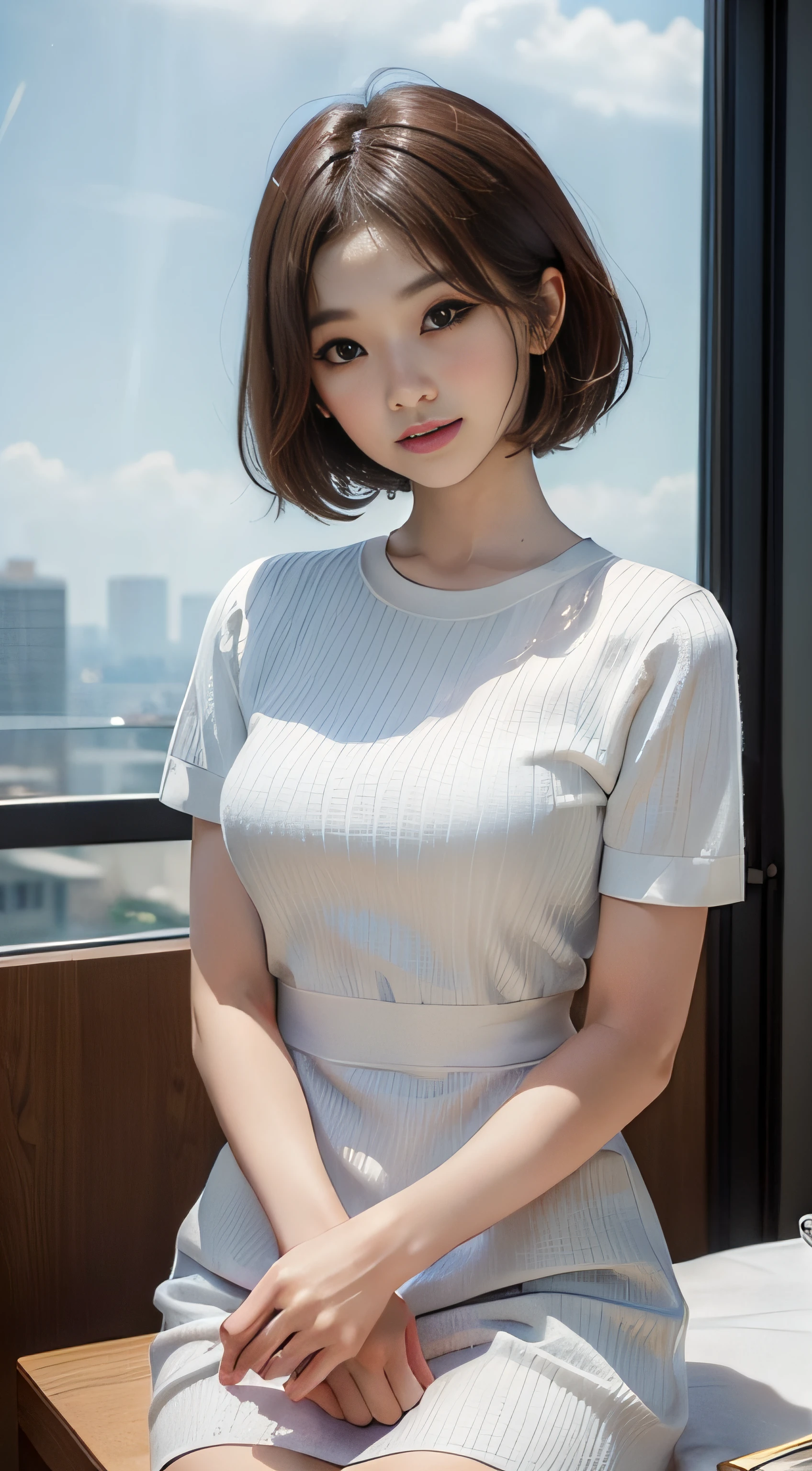 masterpiece、Top image quality:1.2、((beautiful young woman with))、Transparent skin:1.2、{A slight smil}、(kawaii)、Short sleeve knit、luxury hotel、depth of fields