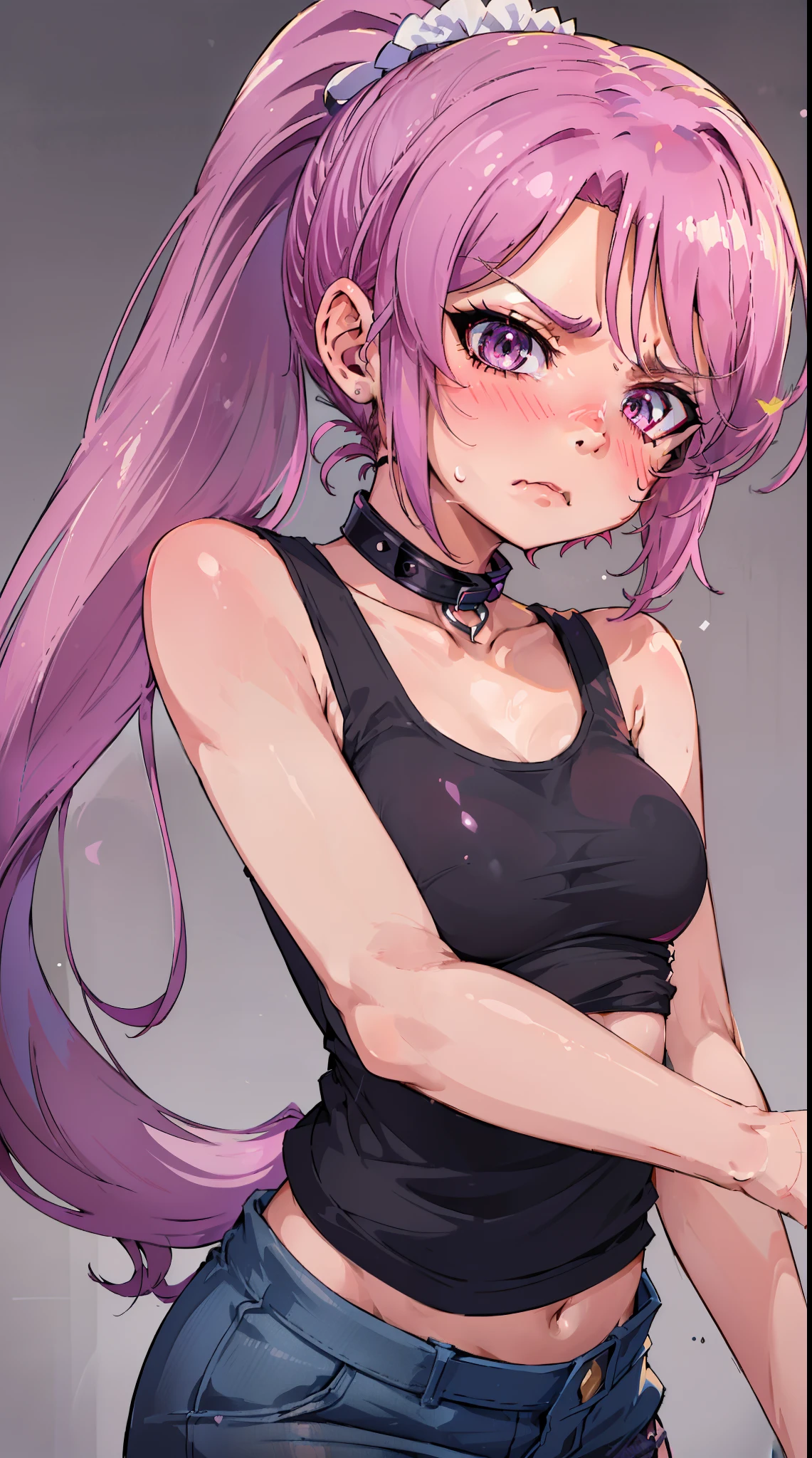 Jibril, ((upper body)), blushed, perfect anatomy, detailed eyes, detailed lips, extremely detailed eyes and face, vivid colors, sharp focus, masterpiece:1.2, ultra-detailed, blushed, ((doggystyle)), (solo), ((cropped tank top)), sleeveless, ((((ponytail)))), (((disdain, disgust))), ((black collar))