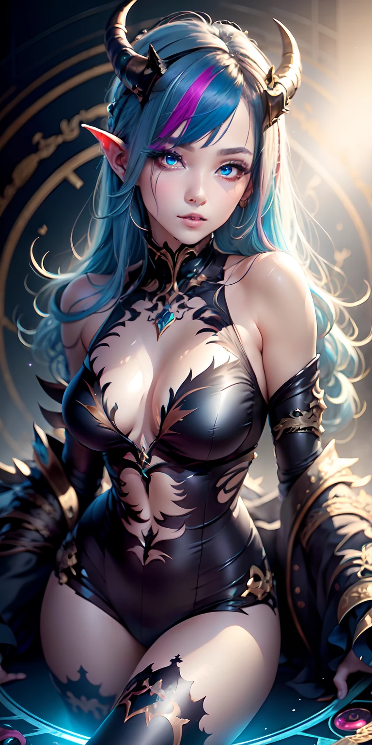 1girl in, Blue hair, Horns, Black bodysuit、multicolored eyes, blazing, Blue Eye, Purple Eye, Bare shoulders, Devil's Eye, Magic Circle, light Particle, llight rays, Wallpaper