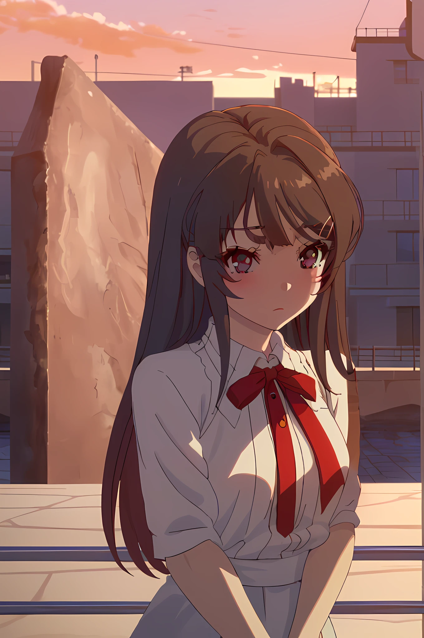 (blushed red,cute,shy,looking at viewer,beautiful pose,full body,perfect eyes,masterpiece,Suburban,twilight,sunset,perfect background,simple background,highres) A cute girl stands in a Suburban setting, with the twilight sky creating a beautiful sunset backdrop. Her cheeks are blushed red, showcasing her shyness and innocence. With a cute pose, she looks directly at the viewer with her perfect, captivating eyes. The entire scene is meticulously detailed, with every aspect of her being a true masterpiece. The artwork is of the highest quality, with ultra-detailed elements and a photorealistic style. The composition is focused on the girl, placed in a simple yet perfect background that enhances the overall aesthetics. The high-resolution image allows for every detail to be seen clearly, ensuring a visually stunning experience.