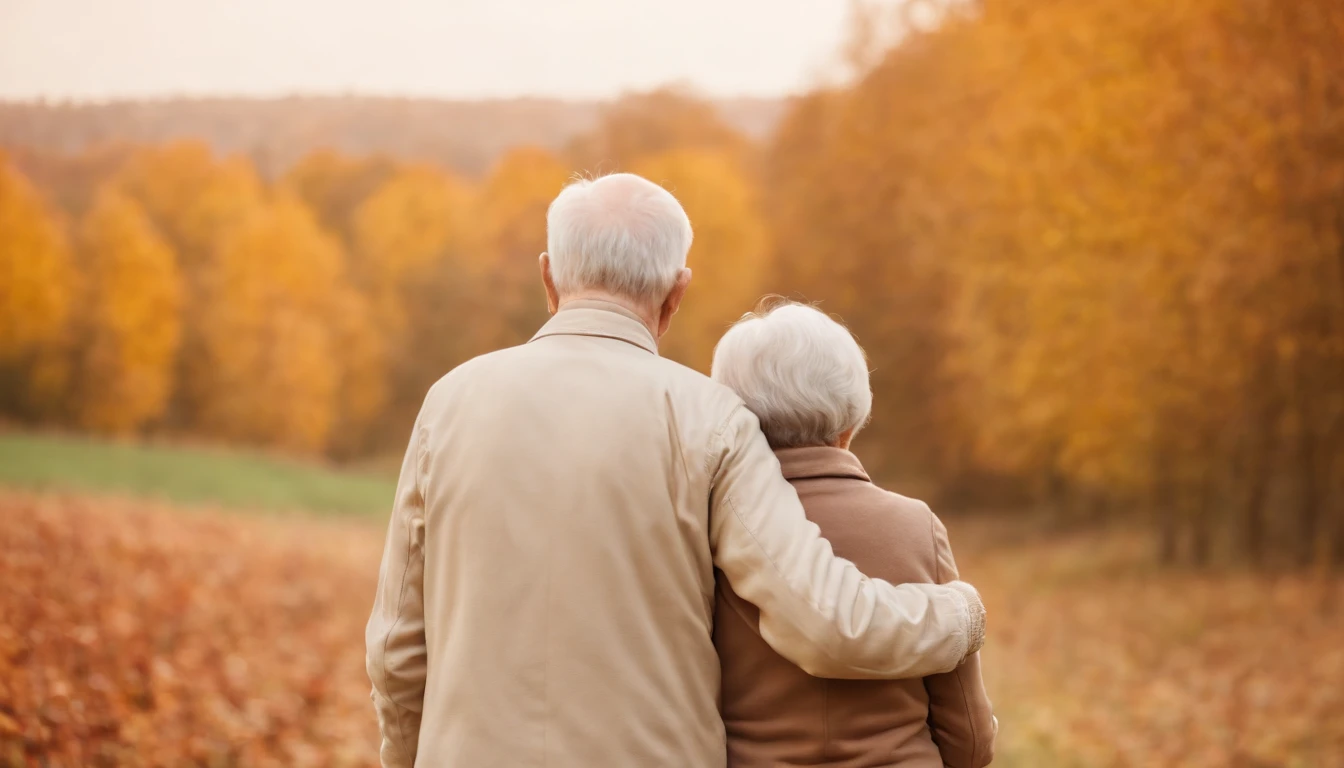 late autumn,Winter coming soon,wanting,blissful,((Back view of an elderly couple))