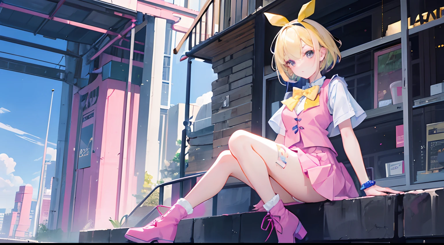 a 23 year old girl with short yellow hair and a bow tie shaped headband, wearing a blue shirt, a pink vest, short magenta skirt and magenta boots sitting on top of a tower