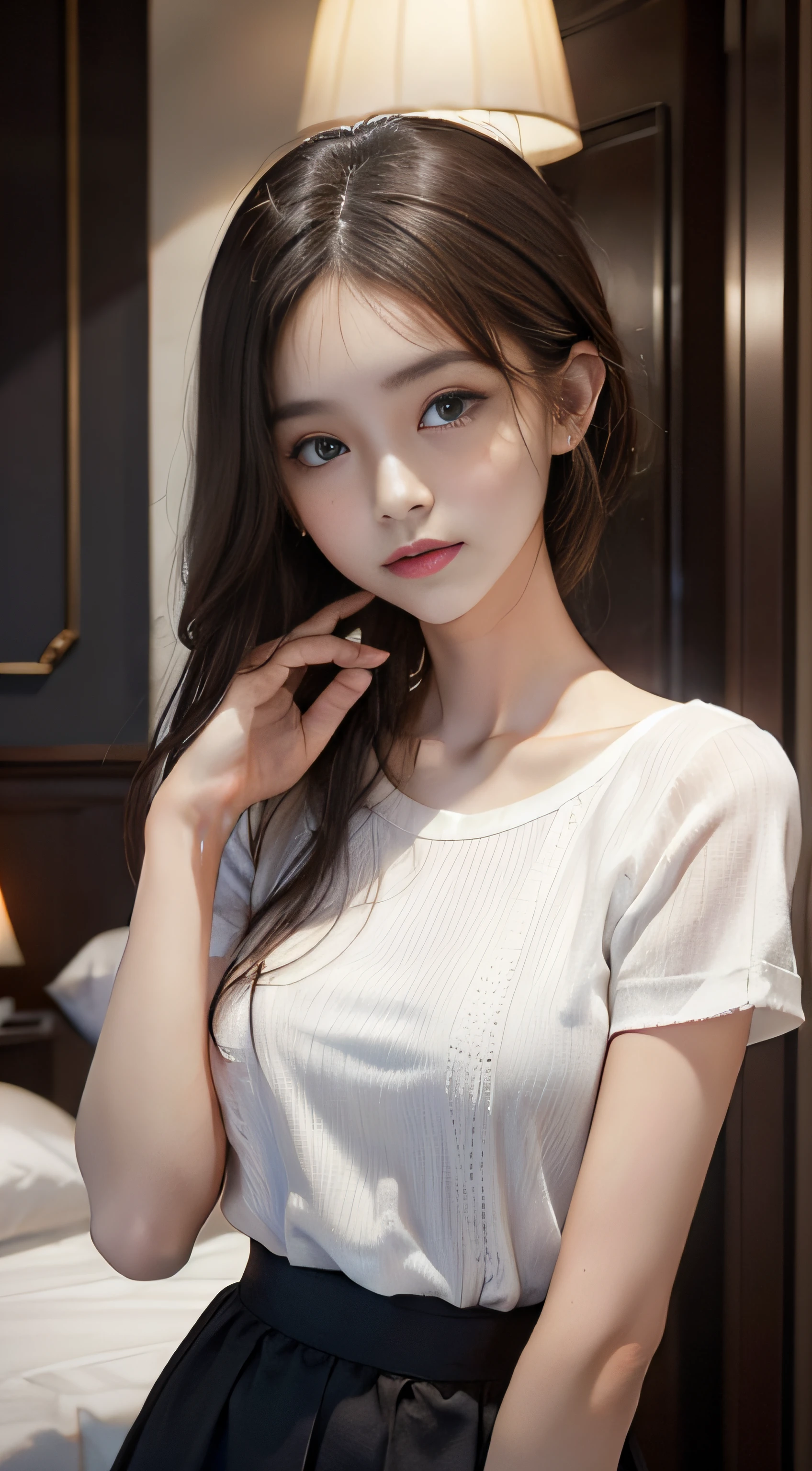 masterpiece、Top image quality:1.2、((beautiful young woman with))、Transparent skin:1.2、{A slight smil}、(kawaii)、Short sleeve knit、luxury hotel、depth of fields