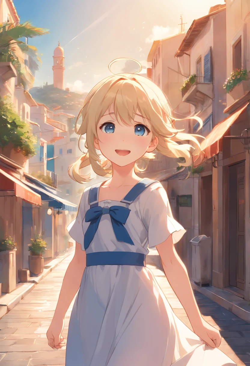 cute standing in a Mediterranean port town street,wind,pale-blonde hair, blue eyes,very long twintails,white dress,white hat,blue sky,laugh,double tooth,closed eyes,looking at viewer,lens flare,dramatic, coastal