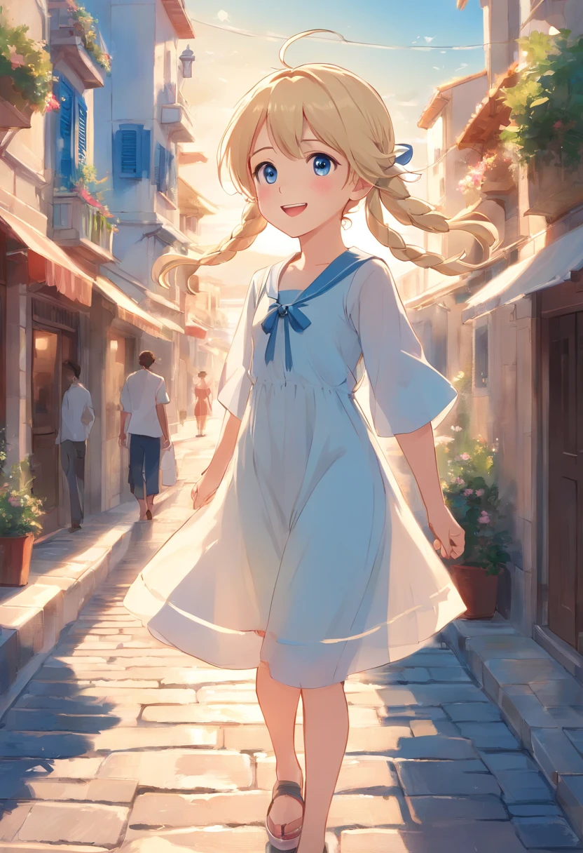 cute girl standing in a Mediterranean port town street,wind,pale-blonde hair, blue eyes,very long twintails,white dress,white hat,blue sky,laugh,double tooth,closed eyes,looking at viewer,lens flare,dramatic, coastal