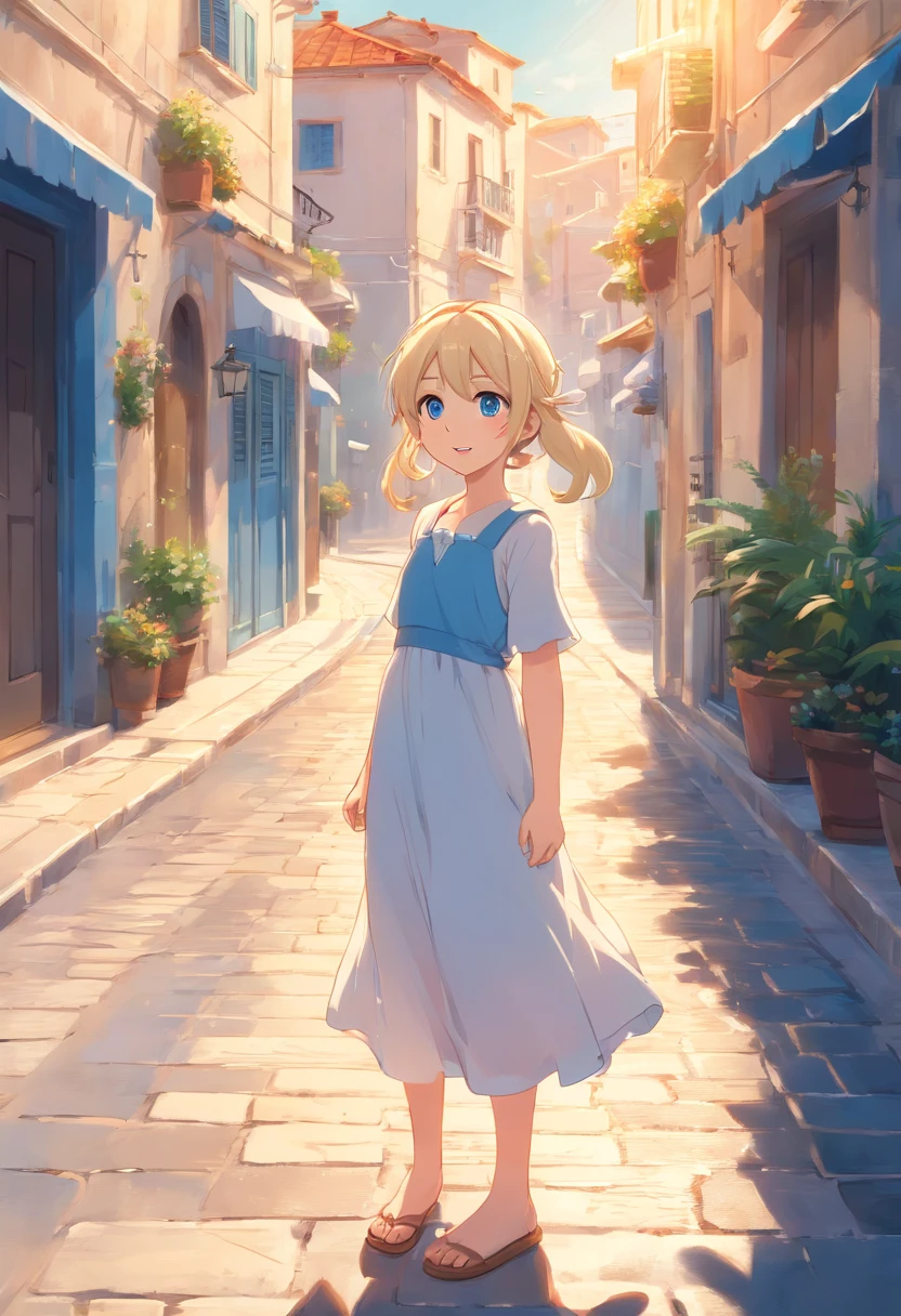 cute standing in a Mediterranean port town street,wind,pale-blonde hair, blue eyes,very long twintails,white dress,white hat,blue sky,laugh,double tooth,closed eyes,looking at viewer,lens flare,dramatic, coastal