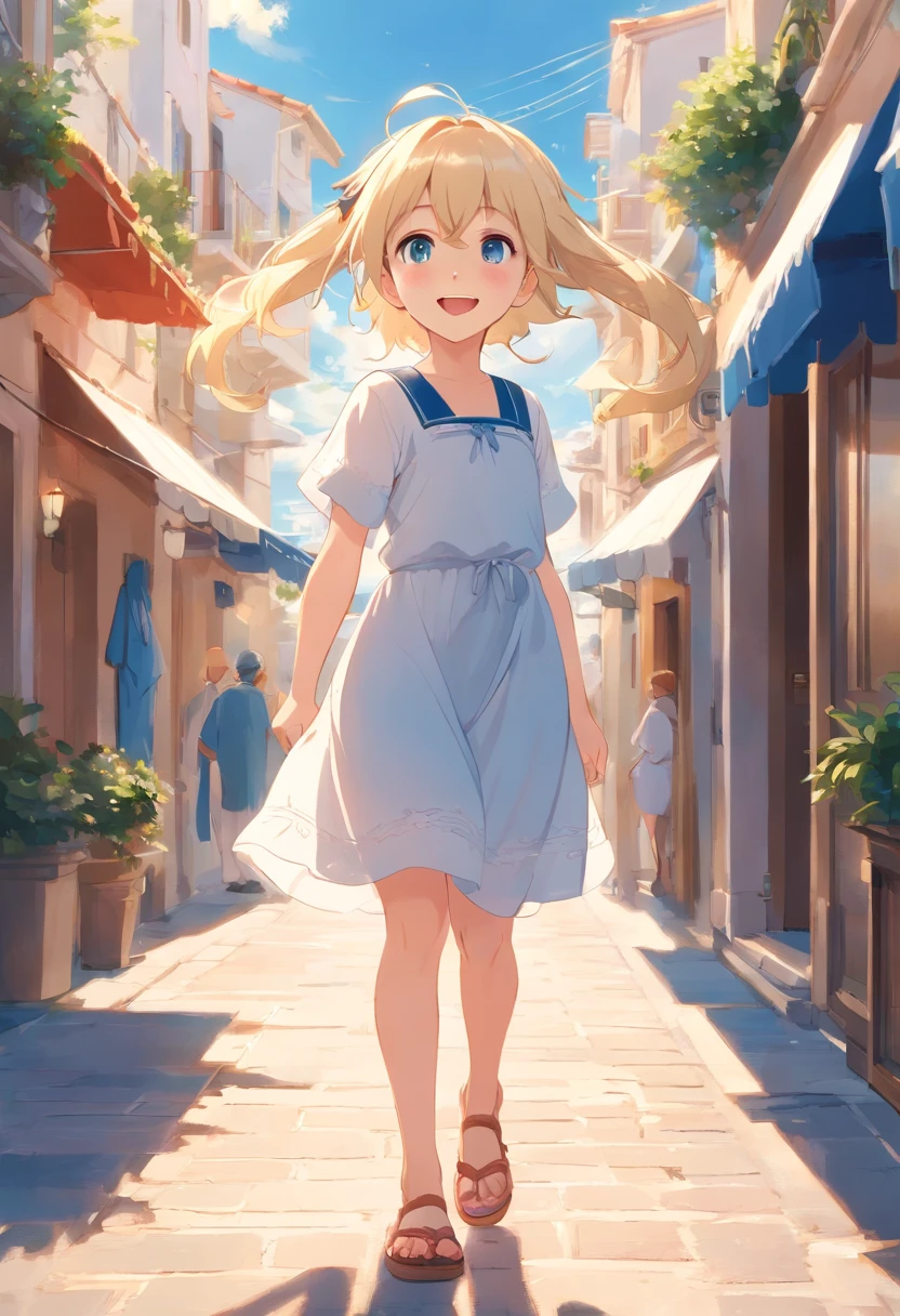 cute standing in a Mediterranean port town street,wind,pale-blonde hair, blue eyes,very long twintails,white dress,white hat,blue sky,laugh,double tooth,closed eyes,looking at viewer,lens flare,dramatic, coastal