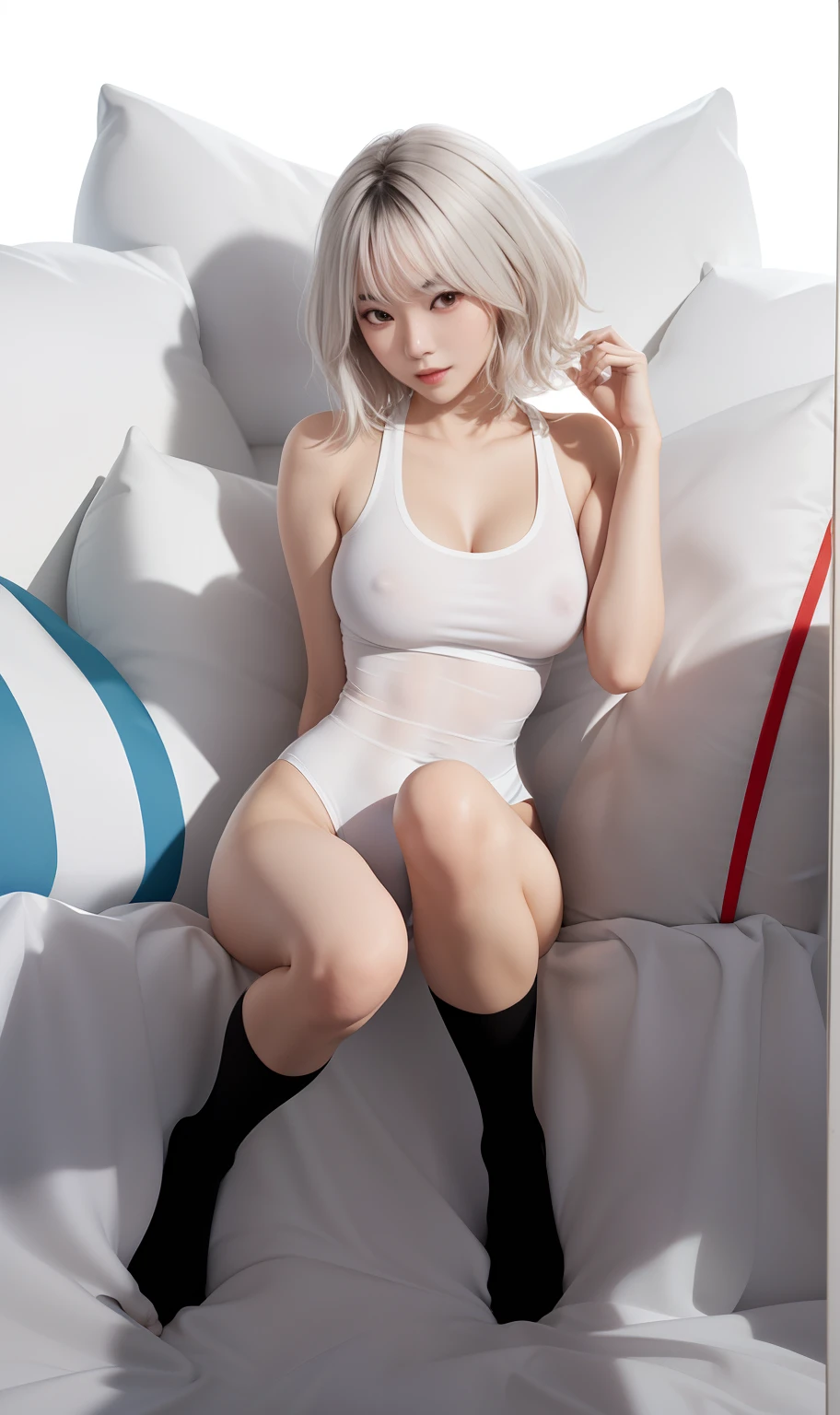 hot with shining sun, wearing tight shirt, tall thin beautiful goddess,Wear a white T-shirt, No navel，huge tit，Big breasts Thin waist，Thin waist fat buttocks，Exaggerated large round chest，Clothes do not wrinkle，Clothes come in only one color, [ 4 K digital art ]!!, Bodysuits, tall thin beautiful goddess, hot with shining sun, lighting perfect, side-lighting, Detailed face, Bright Skin, Simple background, Dark background, tight costume, Smooth white skin, with backdrop of natural light, best qualtiy， realisticlying， 8K， A high resolution，Eighteen-year-old girl，（（Large round chest：1.4）），No collar，short detailed hair，black sock，No toes，white swimsuits，The socks are pure black，Eighteen-year-old Asian girl