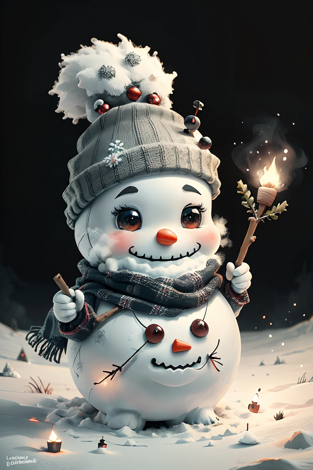 Cartoon character of an adorable and cute snowman with a carrot nose, coal eyes, and a stick smile, christmas vibe, isolated white background, printable