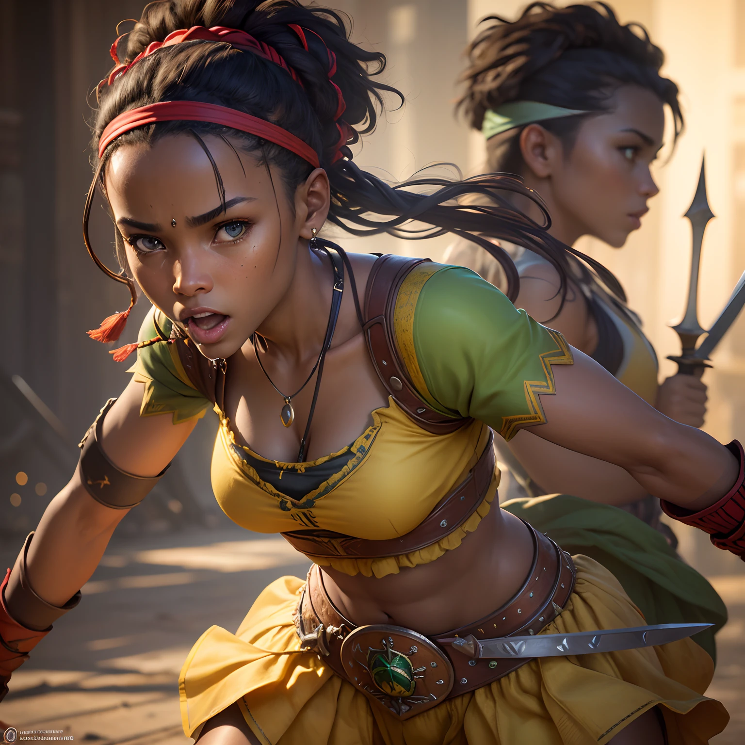 best quality,ultra-detailed,photorealistic,(portraits:1.1),(concept artists:1.1),(vivid colors:1.1),(sharp focus:1.1),(extreme detail description:1.1),(realistic:1.37),(studio lighting:1.1),(bokeh:1.1),(HDR:1.1),(physically-based rendering:1.1),(UHD:1.1),(professional:1.1),(masterpiece:1.2),Jeune Africaine,warrior,red headband,yellow top,green skirt,two swords,gritted teeth