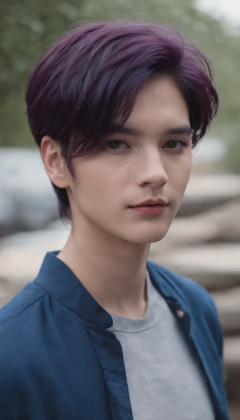 ((((without background)))),1boy,debout, Cheveux courts, dark purple hair, (((hétérochrome,rouge&bleu))),Ouest, blue clothing,