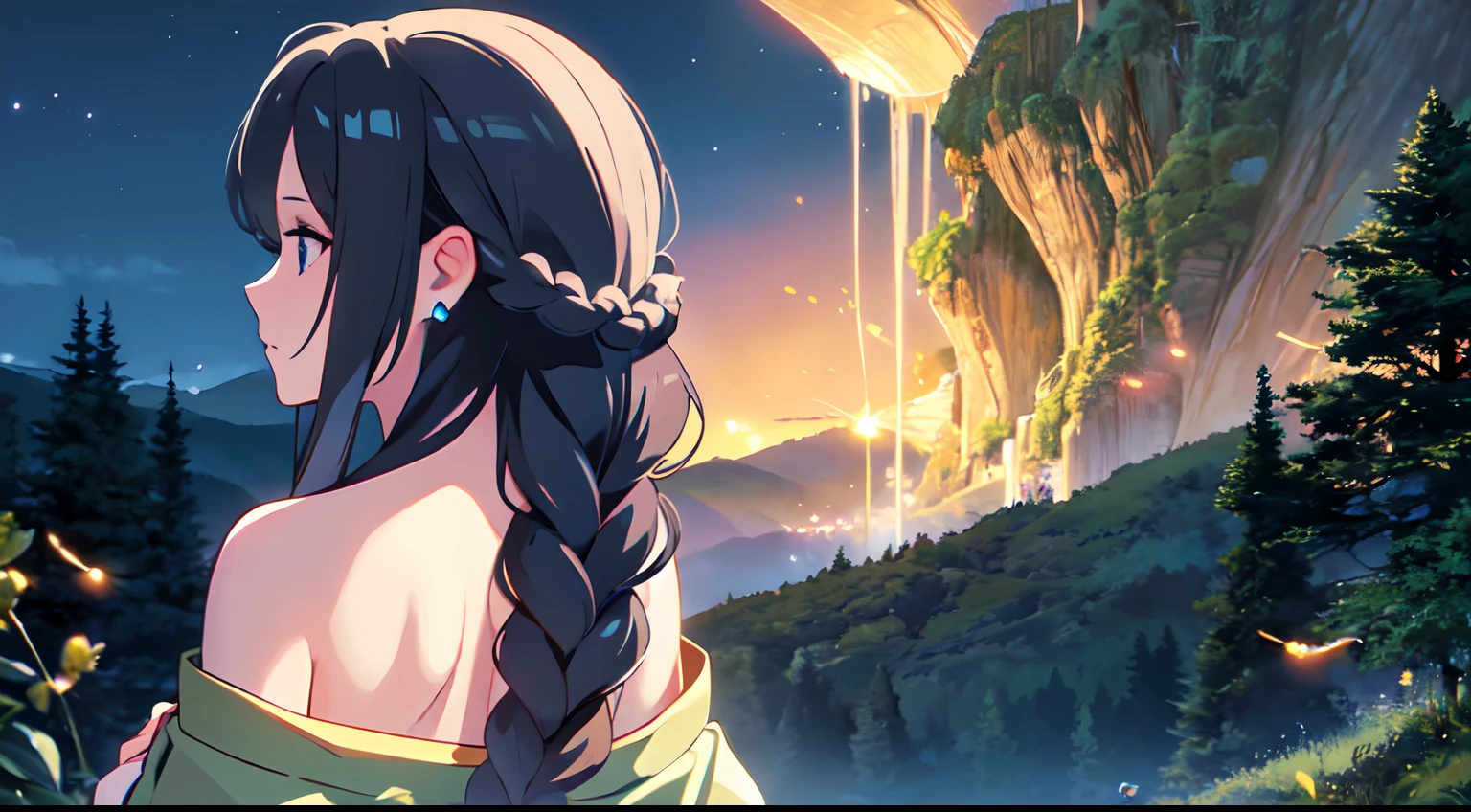 masterpiece, best quality, 1lady, solo, very long white hair, blowing hair, (flower hair ornament), (braided hair), earrings, behind view, back view, close up, night, fireflies, tree, mountain, scenery, dark, off shoulder blue dress