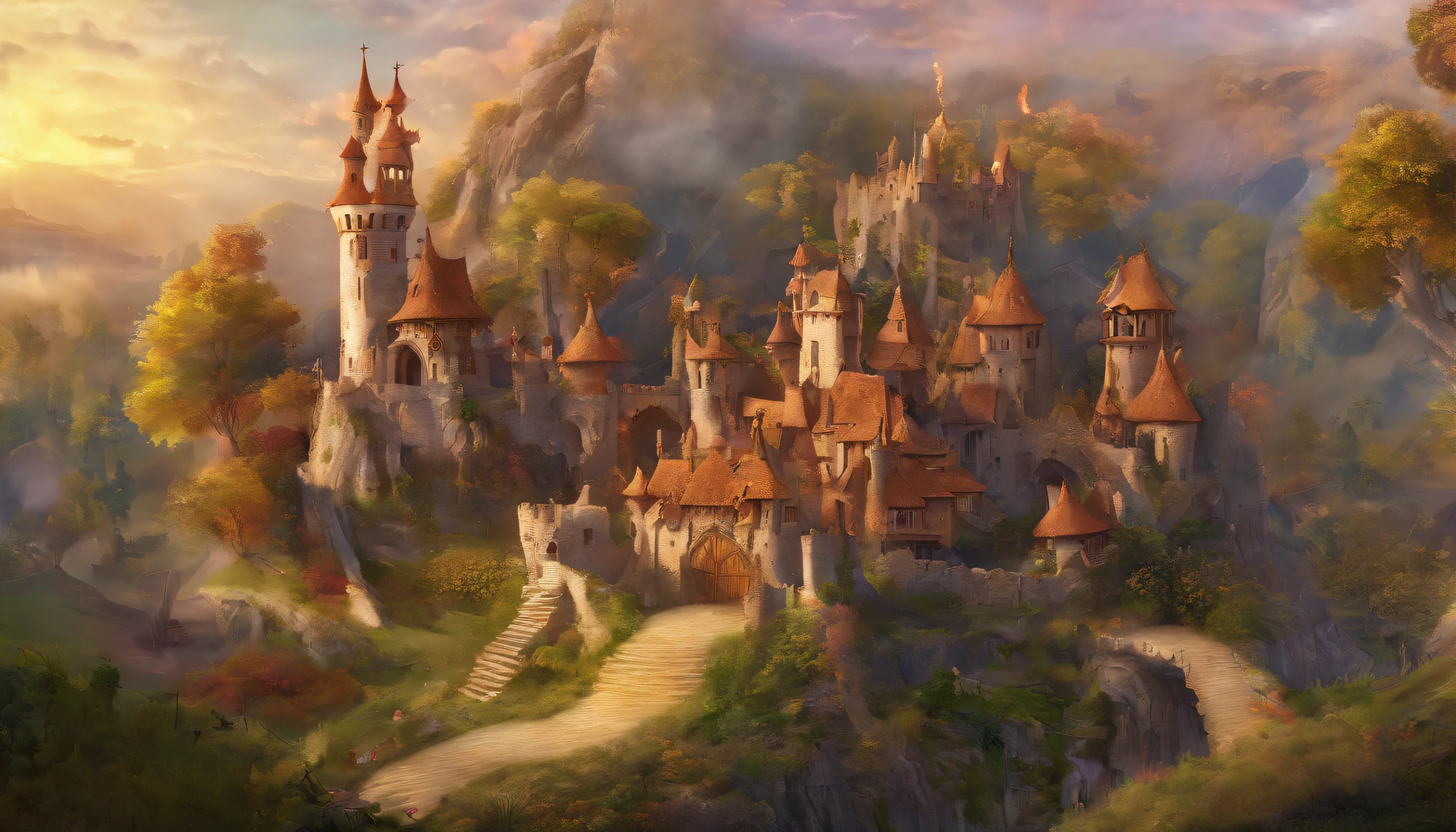 a medieval village, ruins, on fire, fairyland
