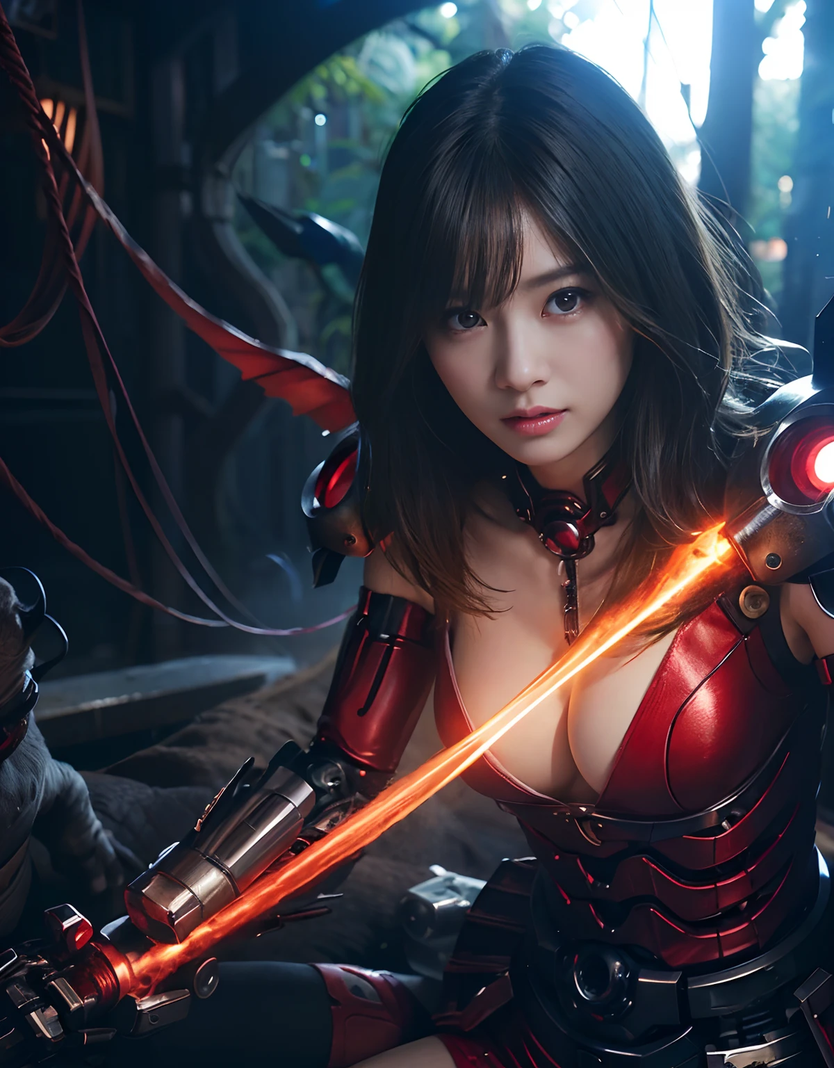 (1 Mechanical Girl)、top-quality、masterpiece、超A high resolution、(Photorealsitic:1.4)、Raw photo、1人、Fight mutants、glowy skin、(((1 Mechanical Girl)))、With a beautiful knife、(Blue Metal Bodysuit)、(Fight fiercely against aliens)、Fight fiercely、(beautiful forest background)、(Fighting Demonic Beasts)、(Small LED)、((super realistic details))、portlate、(Strong giant demon beast background),globalillumination、Shadow、octan render、8K、ultrasharp、Colossal tits、Raw skin is exposed in cleavage、metals、Details of complex ornaments、Japan details、highly intricate detail、Realistic light、(Mystical expression),CGSoation Trends、Red Eyes、radiant eyes、Facing the camera、neon details、(Mechanical limbs)、(blood vessels connected to tubes)、Mechanical vertebrae attached to the back、mechanical cervical attaching to neck、(Wires and cables connecting to the head)、Gundam、Small LED、,Mechanical thighs、Toostock、(Hands are also made of machines)、(Attack of the Monster Beasts)、(Wounded in a deadly battle)、
