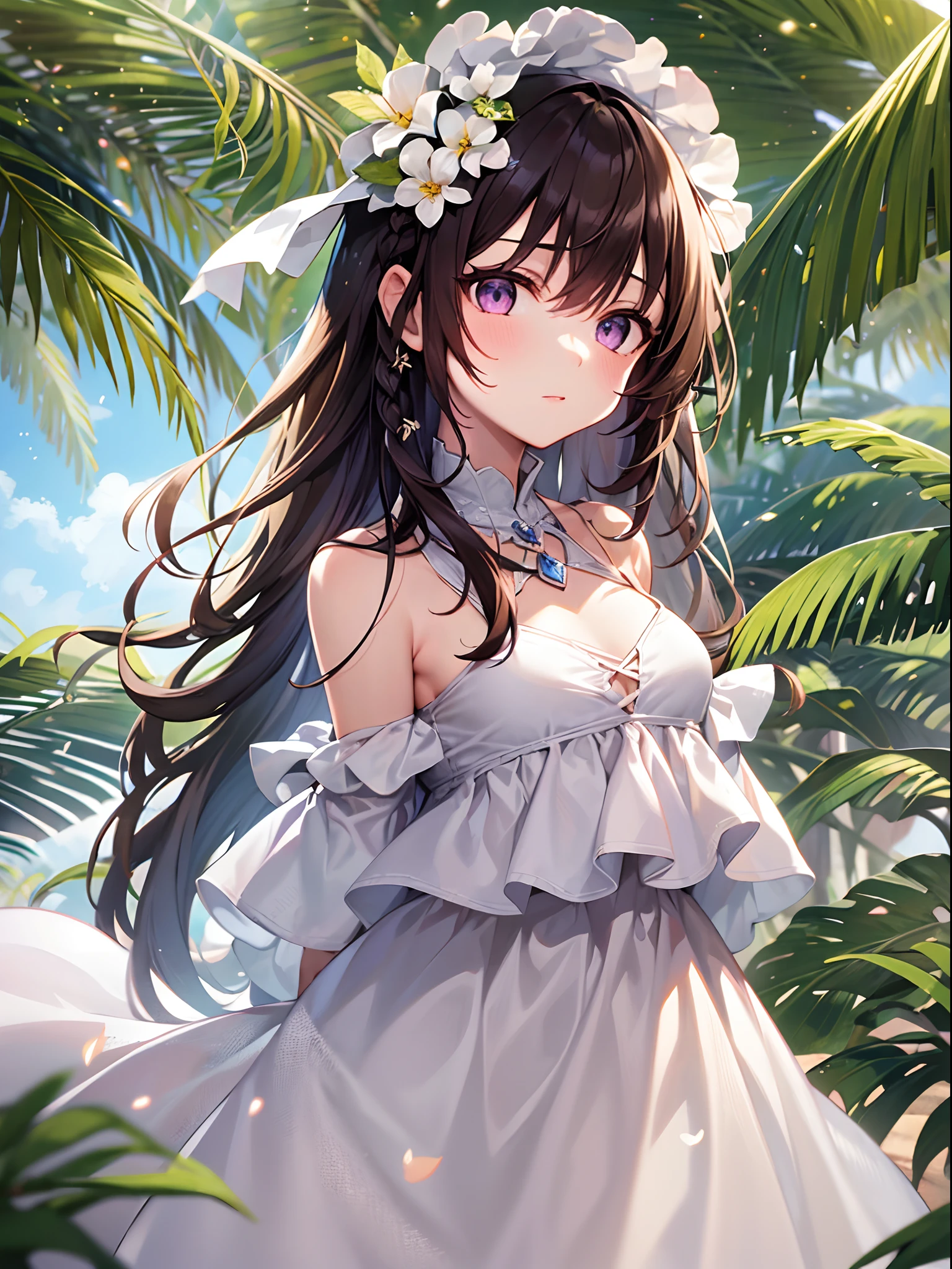 Beautiful girl wearing a white see-through dress、、cleavage、bare shoulders、straw hat、summer、field road、Run