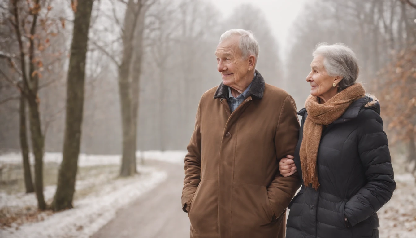 An older couple walking down a snowy road in the woods - SeaArt AI