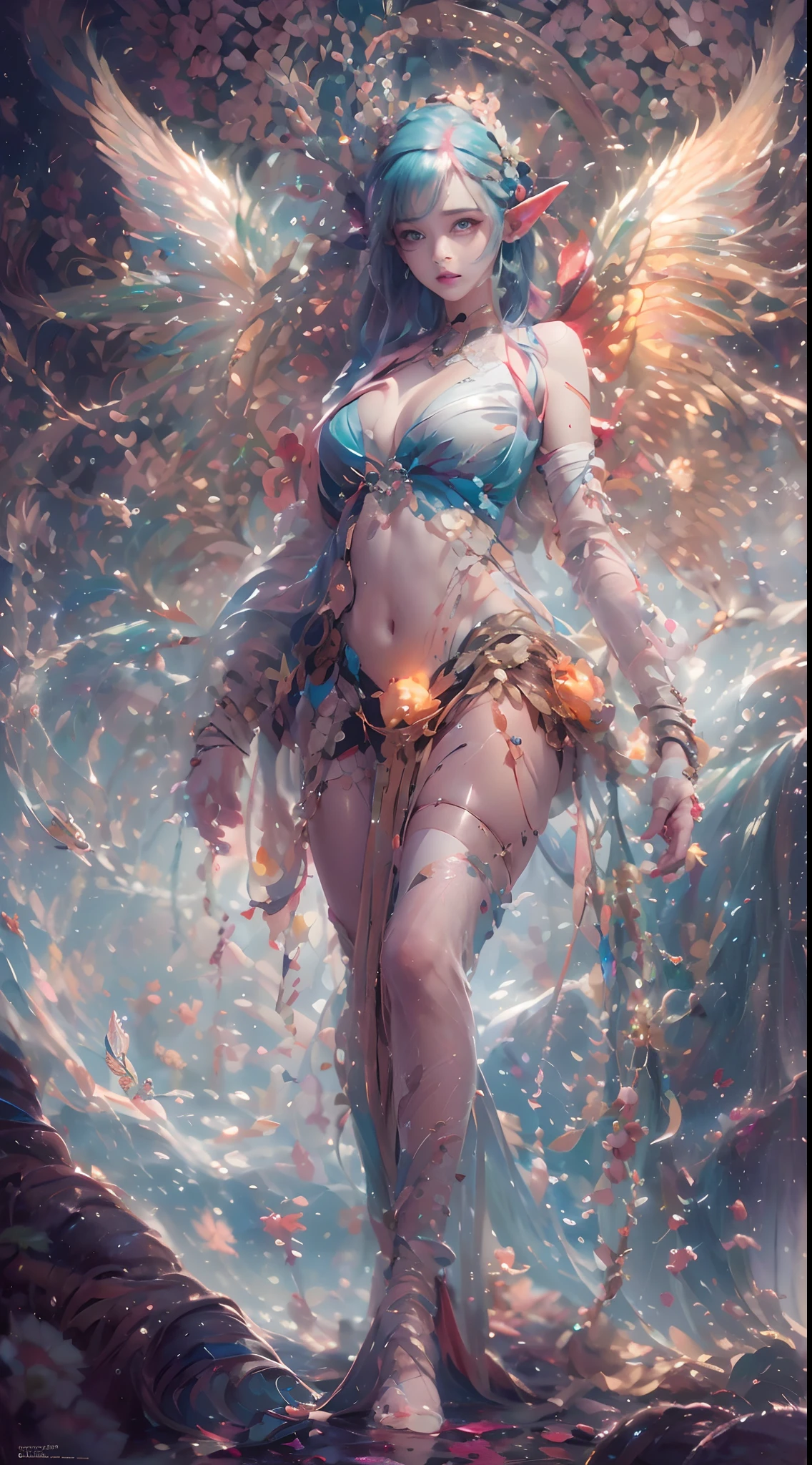 ( Absurd, High quality, Ultra-detailed, Masterpiece, concept-art, smooth, high detail artwork, Hyper-realistic painting , high resolution, paint splatter, colored splashing, Splash of Ink, colored splashing), (( Rainbow hair)),elf, Plum elf, plum , Transparent fairy wings, wearing only his underwear，huge tit，low chest，fairytale-like, Romantic, Vivid, Whole body,hand behind back，Malu，largeeyes，（Eye focus），Cosmic eyes，Space eyes，In nature with waterfalls，PureErosFace_V1，Urzang-6500-V1 version.1，