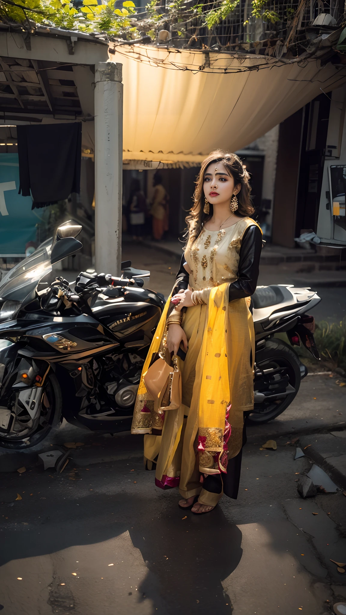 (((desi girl))), chubby face, natural skin, wearing hot deep neck top and dupatta, charming black hair, ((hair ends are blonde)), city streets background, bokeh