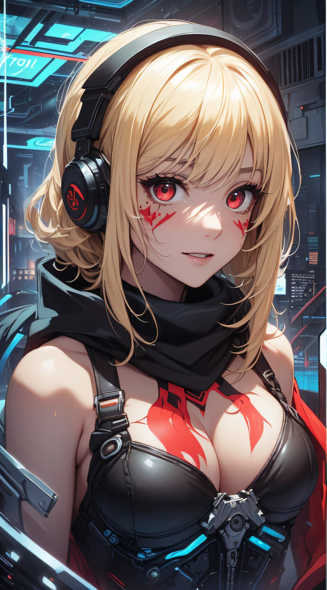 top-quality、Top image quality、masterpiece、girl with((18year old、Red, Black and blue glowing cybersuit、falda corta、Shining Cyber White Hoodie、Best Bust、Bust 90、Blonde Away Tail、Red Eyes、open chest wide、Valley、Happiness、A slender、ssmile、Red Face Paint、Black scarf、Reflecting the whole body、Slouch action))hiquality、Beautiful Art、Background with((Metro City、cyberpunked、nightclubs、Cyberworld))、masutepiece、Elaborate design、visualart、