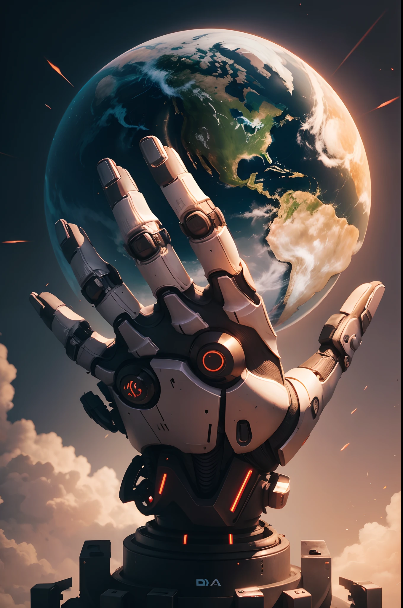 Large robotic hand of AI surrounding the world