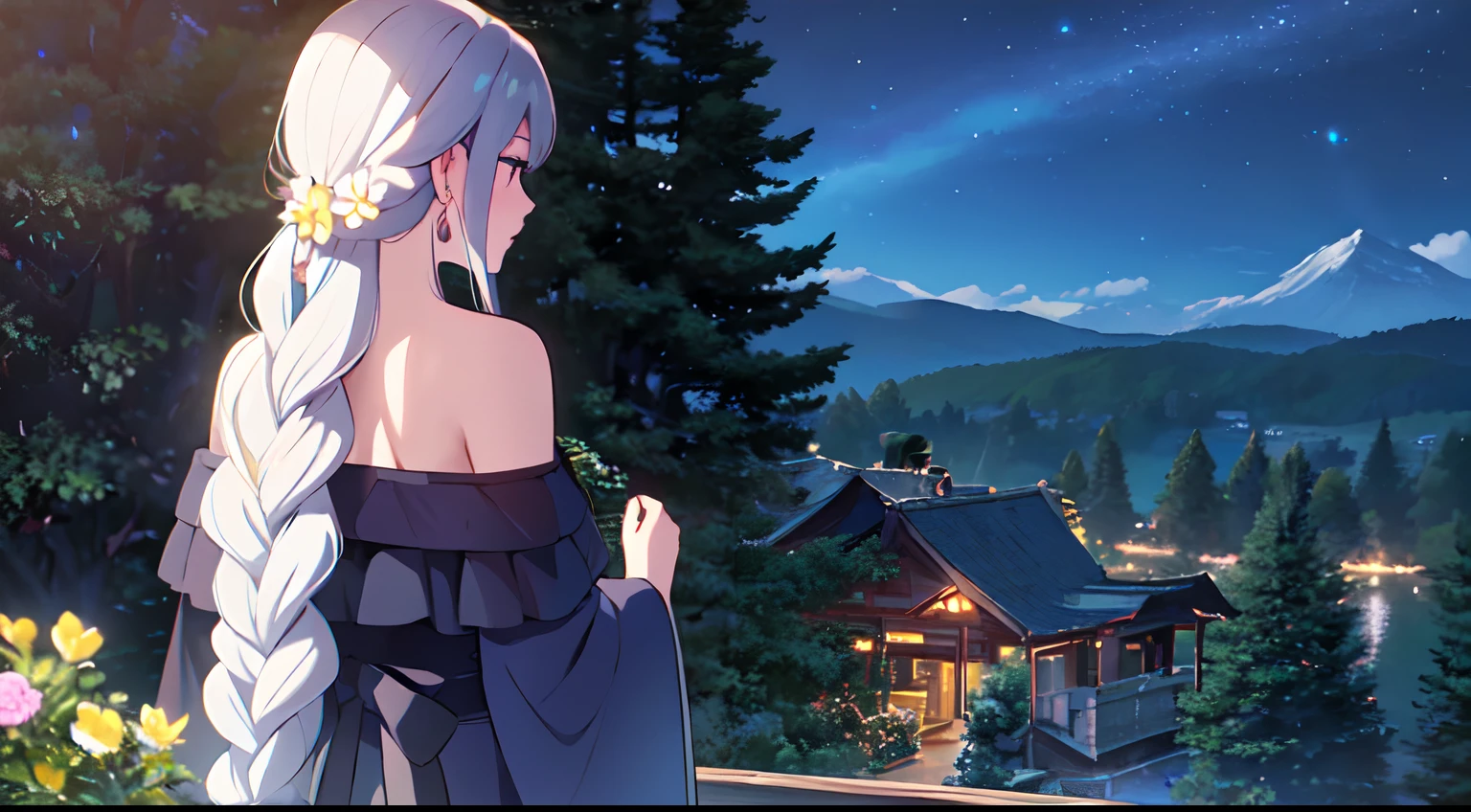 masterpiece, best quality, 1lady, solo, very long white hair, blowing hair, (flower hair ornament), (braided hair), earrings, behind view, back view, close up, night, fireflies, tree, mountain, scenery, dark, off shoulder blue dress