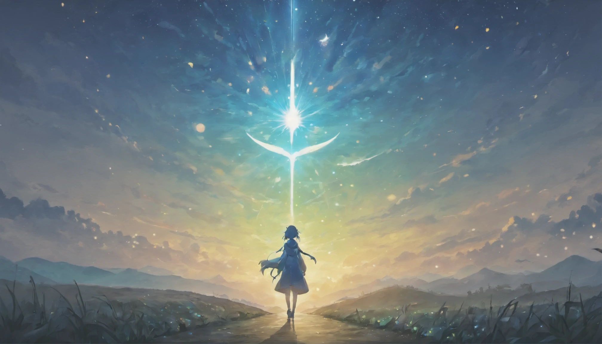 starrysky,destiny,samsara,perplexed,hearken,Heart,illuminations,front walking,Brighter,wanting,Not alone,soul,prop up,arrival,Dawn I recommend incorporating some key visual elements into the poster: -starry sky, Represents destiny and the universe - a compass or an arrow, Symbolizes guidance and direction - figures meditating or listening, Convey introspection – light generated through fog, Hope and clear hints - winding paths or trails leading to the bright horizon, For the journey and purpose - silhouettes of people supporting each other, For connection and unity - the sun rises, For a new beginning and dawn these visual elements with a color palette（Like night blue）The combination of, gold and purple, Can help convey information in a poetic and inspiring way. Kindly, If you have any other ideas or directions for the poster，Please let me know. I'm excited to help bring these ideas to life!