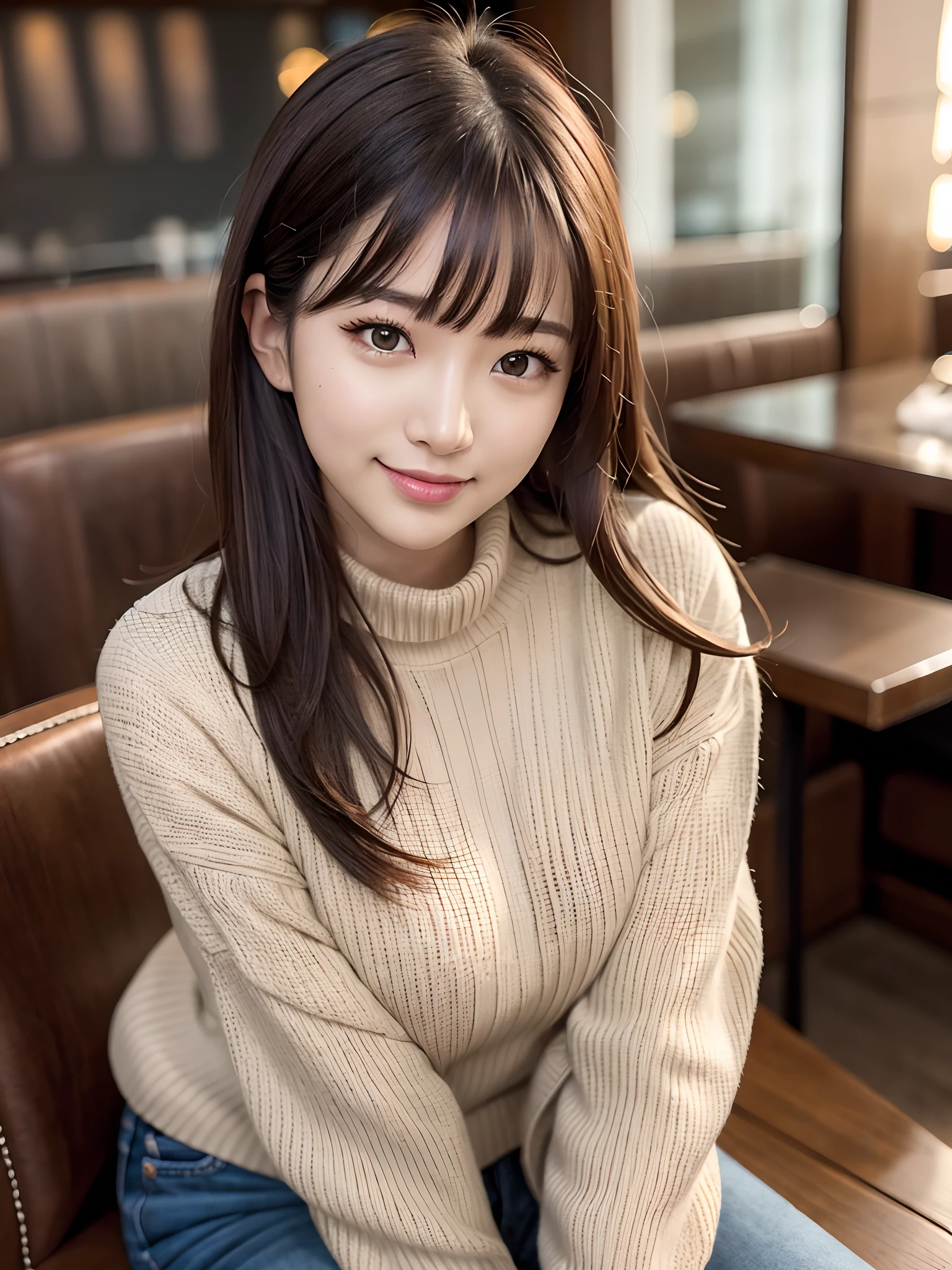 product quality, 1 girl, cowboy shot, front view, a Japanese young pretty girl, long bob hair, sitting on a chair with a big smile in front of a table in a restaurant of a luxury department store, a coffee on the table, wearing a black turtleneck sweater, hem of the sweater over jeans, carrying a shoulder bag over her shoulder, hyper cute face, glossy lips, double eyelids for both eyes, natural makeup, shiny smooth light brown hair of long bob hair, asymmetrical bangs, tanned skin, central image, 8K resolution, high detail, detailed hairstyle, detailed face, cinematic lighting, octane rendering, hyper realistic, perfect limbs, perfect anatomy
