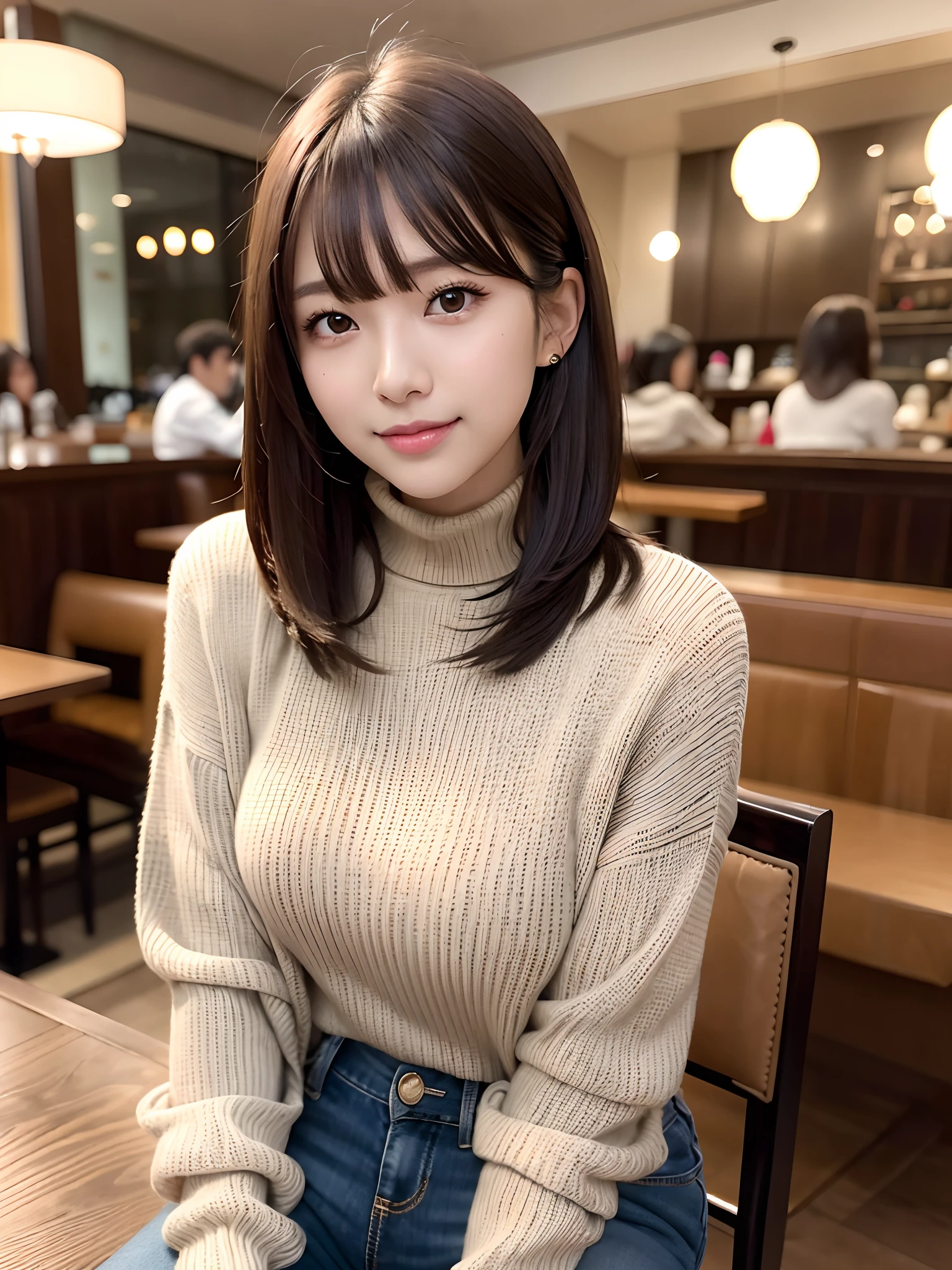 product quality, 1 girl, cowboy shot, front view, a Japanese young pretty girl, long bob hair, sitting on a chair with a big smile in front of a table in a restaurant of a luxury department store, a coffee on the table, wearing a black turtleneck sweater, hem of the sweater over jeans, carrying a shoulder bag over her shoulder, hyper cute face, glossy lips, double eyelids for both eyes, natural makeup, shiny smooth light brown hair of long bob hair, asymmetrical bangs, tanned skin, central image, 8K resolution, high detail, detailed hairstyle, detailed face, cinematic lighting, octane rendering, hyper realistic, perfect limbs, perfect anatomy