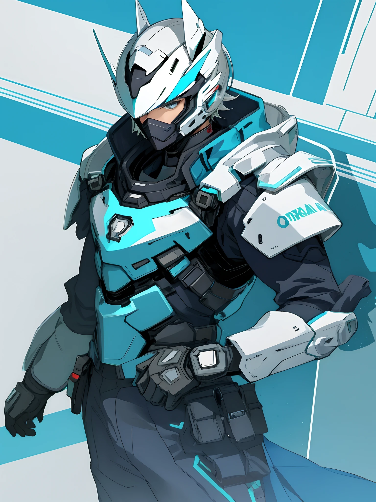 Anime boy, futuristic, half helmet, grey and blue outfit