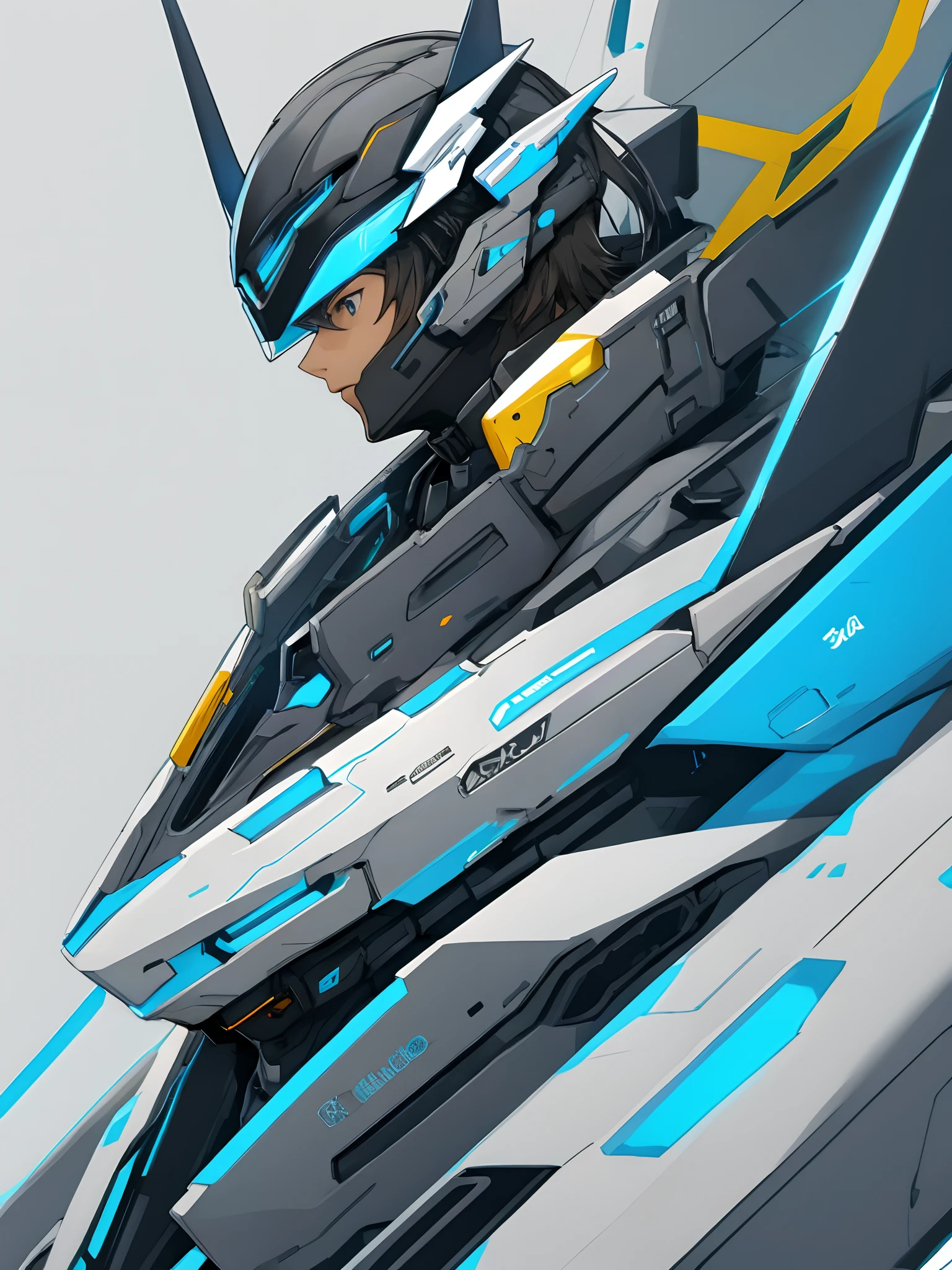 Anime boy, futuristic, half helmet, grey and blue outfit