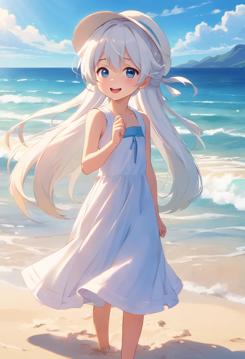 cute  girl standing in a beach,wind,white hair, blue eyes,very long ponytails,white dress,white hat,blue sky,laugh,double tooth,closed eyes,looking at viewer,lens flare,dramatic, coastal,