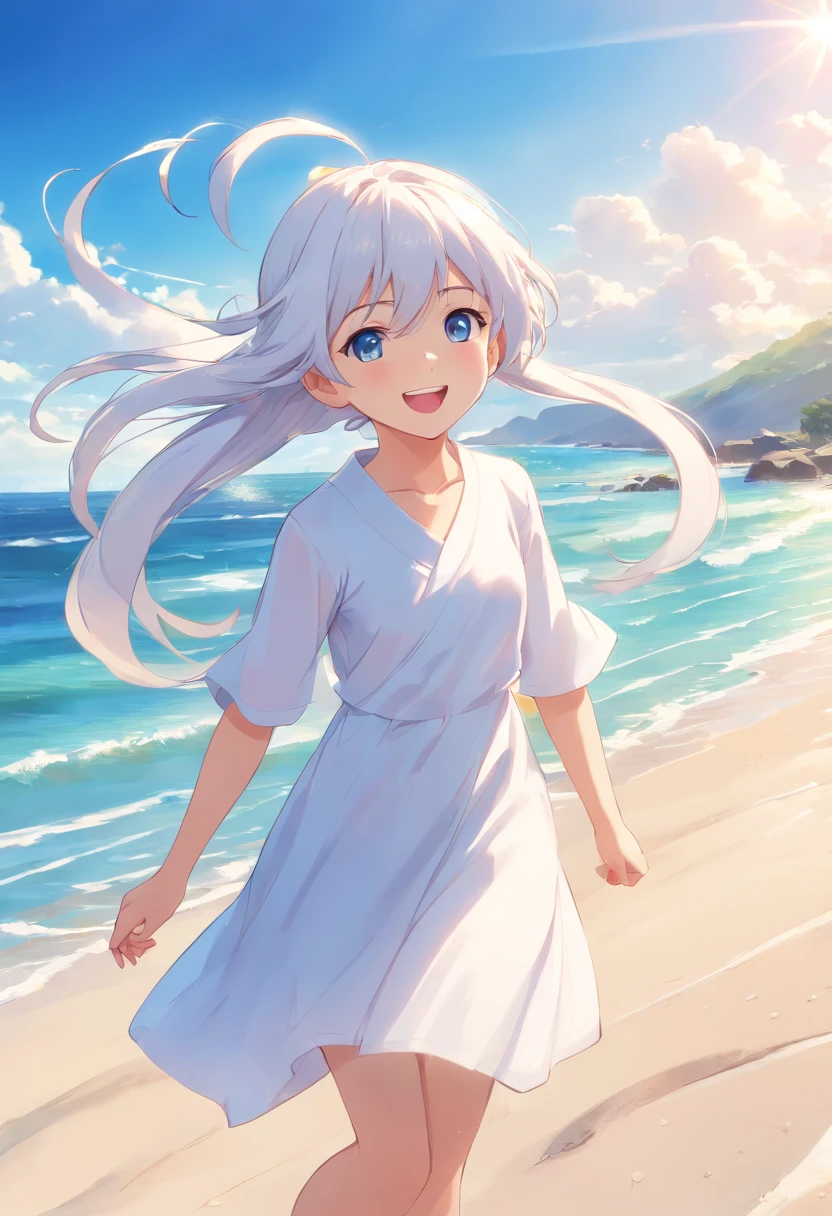 cute standing in a beach,wind,white hair, blue eyes,very long ponytails,white dress,white hat,blue sky,laugh,double tooth,closed eyes,looking at viewer,lens flare,dramatic, coastal,