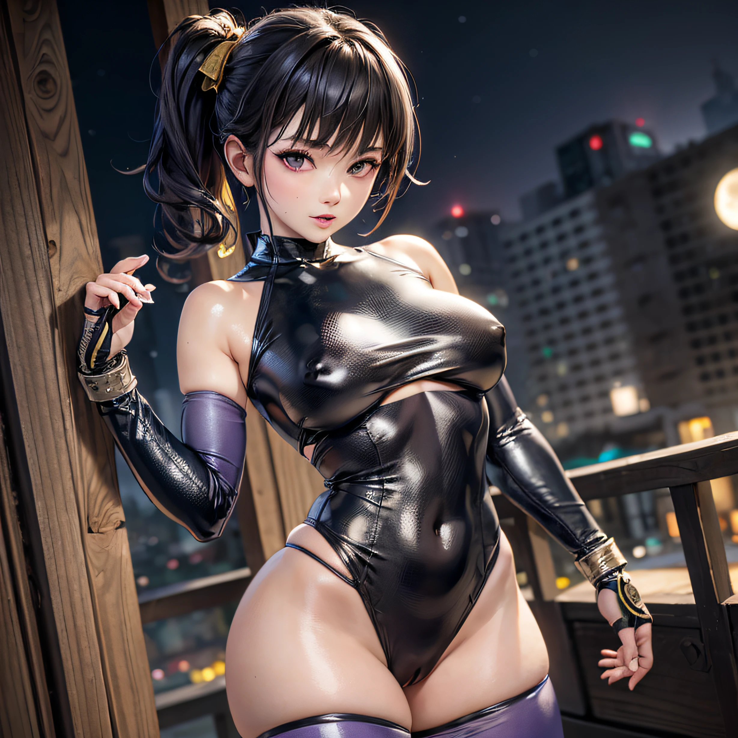 (nsfw:1.02),((masterpiece,best quality, detailed)), (best quality, masterpiece:1.2), 8k, highres, accent lighting, ambient lighting, Exquisite details and textures,1girl, cute kunoichi girl(short, black hair, purple eyes kunoichi skintight suit(black)), skimpy, tiny breasts, unzip clothes, cameltoe, navel, (sexy face), standing, ninja pose, looking at viewer,at City Rooftops(Japan), Night, Moon, nsfw,