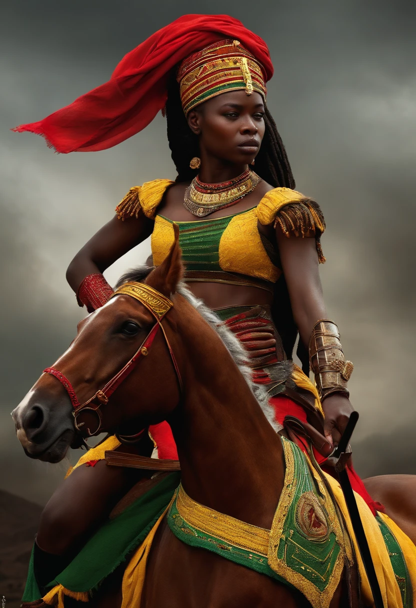 generate a disney animation movie picture of a warrior woman called ghana fighting for her country with the ghana flag as her cloth design. And name the movie as "The Warrior Kingdom".