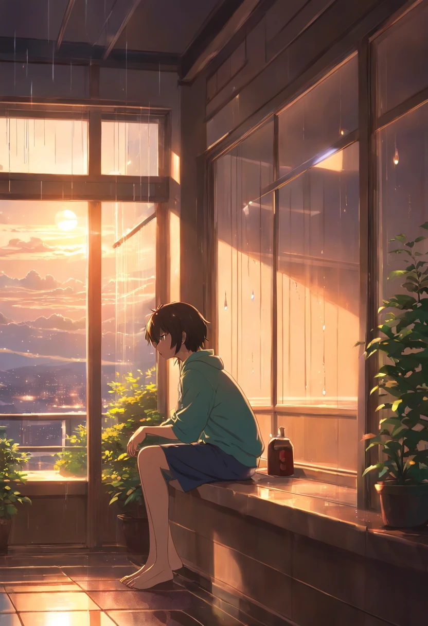 ,masterpiece, best quality,8k, ultra highres,The protagonist sits by the window,Looking out the glass window at the drizzle。The raindrops seem to represent the tears in the protagonist's heart,Scratch a blurry mark on the window。The lights in the room are dim,Shines on the protagonist's face through the window,Reflecting his somber and sad expression。The whole picture reveals a warm and sad atmosphere。