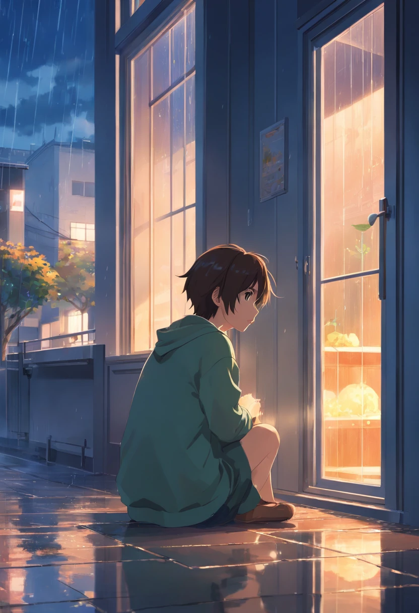 ,masterpiece, best quality,8k, ultra highres,The protagonist sits by the window,Looking out the glass window at the drizzle。The raindrops seem to represent the tears in the protagonist's heart,Scratch a blurry mark on the window。The lights in the room are dim,Shines on the protagonist's face through the window,Reflecting his somber and sad expression。The whole picture reveals a warm and sad atmosphere。