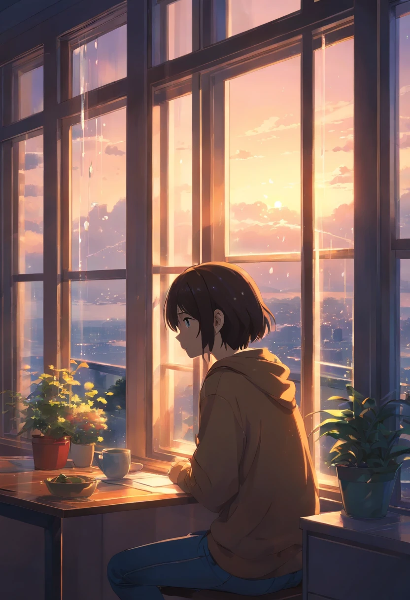 ,masterpiece, best quality,8k, ultra highres,The protagonist sits by the window,Looking out the glass window at the drizzle。The raindrops seem to represent the tears in the protagonist's heart,Scratch a blurry mark on the window。The lights in the room are dim,Shines on the protagonist's face through the window,Reflecting his somber and sad expression。The whole picture reveals a warm and sad atmosphere。