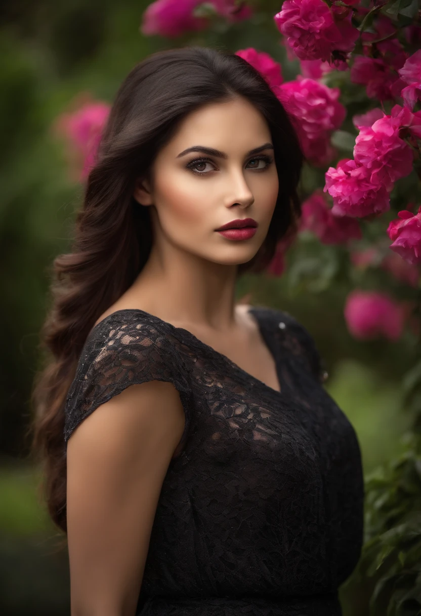 (best quality,highres:1.2), detailed, striking girl in an outdoor garden setting, with long, flowing dark hair and mesmerizing, intense eyes, standing confidently.
(portraits) She is dressed in a form-fitting, elegant black dress that accentuates her curves, creating a powerful and alluring presence.
(bokeh) The scene is bathed in soft, warm sunlight, casting a dreamy and romantic atmosphere.
(realistic) Her skin is flawlessly smooth and glowing, with a subtle natural blush on her cheeks.
(ultra-detailed) Her expressive lips are perfectly shaped, accentuated by a seductive shade of red lipstick, adding a touch of mystery and allure.
(studio lighting) The lighting emphasizes the contours of her face, highlighting her sharp jawline and well-defined cheekbones.
(vivid colors) The garden is filled with vibrant flowers in various shades of red, pink, purple, and orange, creating a contrasting and visually captivating backdrop.
(landscape) In the distance, towering trees provide a sense of depth and serenity to the scene, their leaves gently rustling in the breeze.
(horror) However, the tranquility is shattered as the girl's calm expression suddenly transforms into an expression of surprise and fear, as if she's being attacked or pursued by unseen danger.
(sharp focus) The viewer is captivated by the intense emotions in her eyes and the intricate details of the scene, allowing for a heightened sense of realism and immersion.
(HDR) The overall image is rich in contrast, with deep shadows and vibrant highlights, adding a touch of drama to the composition.
(photography) The composition is expertly framed, with the girl placed off-center, creating a sense of dynamic movement and intrigue.
(extreme detail description) Every strand of her hair is meticulously rendered, flowing gracefully in the wind, adding a sense of motion and dynamism.
(UHD) The image resolution is incredibly high, allowing for an incredible level of detail and clarity, showcasing every subtle nuance of the