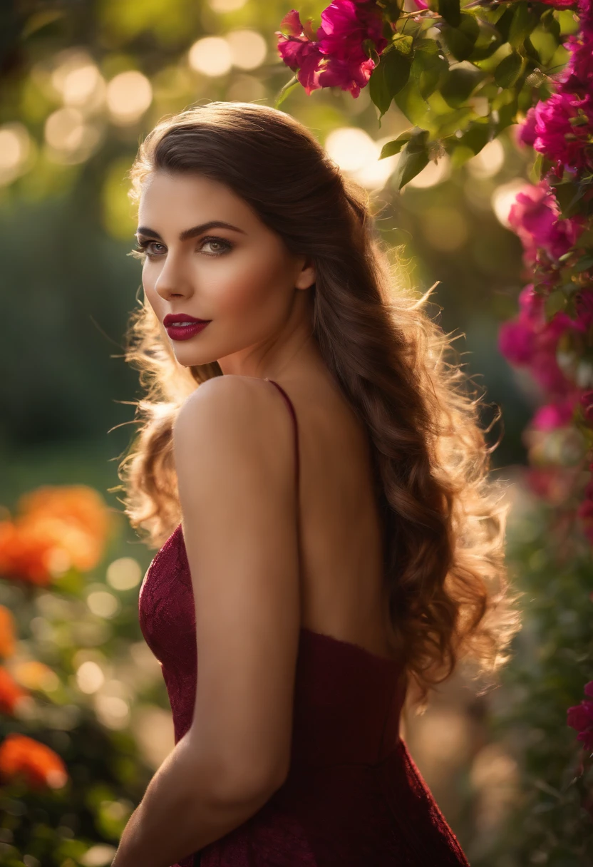 (best quality,highres:1.2), detailed, striking girl in an outdoor garden setting, with long, flowing dark hair and mesmerizing, intense eyes, standing confidently.
(portraits) She is dressed in a form-fitting, elegant black dress that accentuates her curves, creating a powerful and alluring presence.
(bokeh) The scene is bathed in soft, warm sunlight, casting a dreamy and romantic atmosphere.
(realistic) Her skin is flawlessly smooth and glowing, with a subtle natural blush on her cheeks.
(ultra-detailed) Her expressive lips are perfectly shaped, accentuated by a seductive shade of red lipstick, adding a touch of mystery and allure.
(studio lighting) The lighting emphasizes the contours of her face, highlighting her sharp jawline and well-defined cheekbones.
(vivid colors) The garden is filled with vibrant flowers in various shades of red, pink, purple, and orange, creating a contrasting and visually captivating backdrop.
(landscape) In the distance, towering trees provide a sense of depth and serenity to the scene, their leaves gently rustling in the breeze.
(horror) However, the tranquility is shattered as the girl's calm expression suddenly transforms into an expression of surprise and fear, as if she's being attacked or pursued by unseen danger.
(sharp focus) The viewer is captivated by the intense emotions in her eyes and the intricate details of the scene, allowing for a heightened sense of realism and immersion.
(HDR) The overall image is rich in contrast, with deep shadows and vibrant highlights, adding a touch of drama to the composition.
(photography) The composition is expertly framed, with the girl placed off-center, creating a sense of dynamic movement and intrigue.
(extreme detail description) Every strand of her hair is meticulously rendered, flowing gracefully in the wind, adding a sense of motion and dynamism.
(UHD) The image resolution is incredibly high, allowing for an incredible level of detail and clarity, showcasing every subtle nuance of the