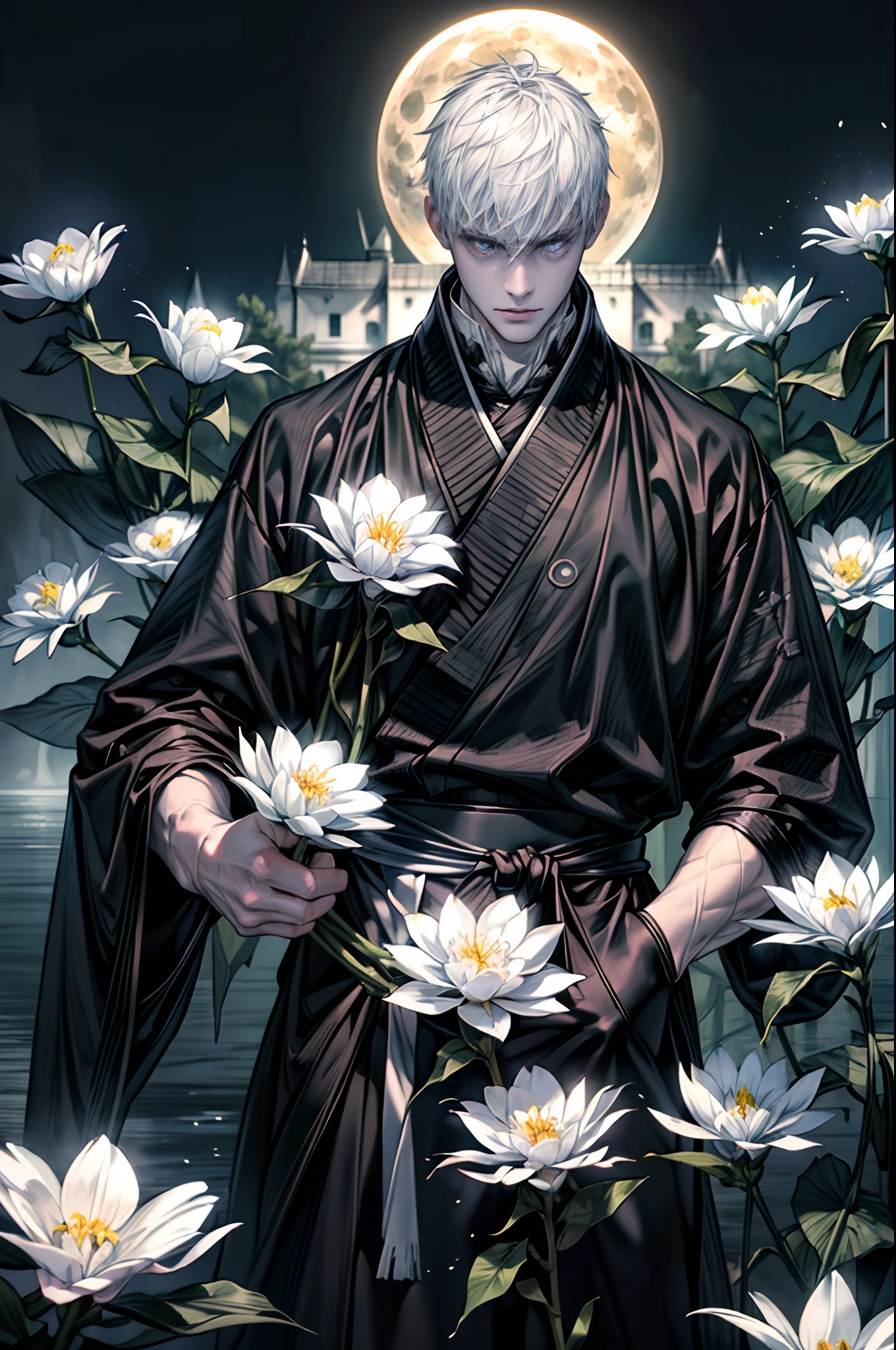 (Best quality,4K,8K,A high resolution,Masterpiece:1.2),Ultra-detailed,(((A man sinks into black water))),morbid,terroral,darkly,Handsome man who died,Handsome man,Dark scenes of Japan,A fog that covers everything,deep in the night,Japanese traditional style,A thick black fog enveloped everything,The atmosphere of death,Bleak white complexion,White skin,White skin,Expose the chest,Black sky,There are a lot of bones in the water,Dirty and disgusting,There are a lot of bones in the water,Foggy,(There were many corpses in the water),dead person,Endless dark steppe,(White full moon:1.5),Many aquatic plants,((Many white flowers)),The picture is gray,Low contrast,low-saturation,White super short hair,((Upright ultra-short white hair,Masculine face shape)))
