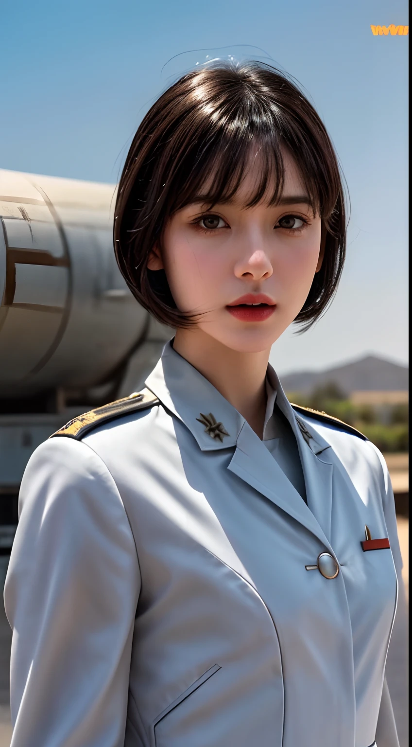 Movie Cover Image,Like a Real Person,Polite Dress,War War Fighter Action Cover Image),(Movie Reference Foundation : 1.8 ),Realistic,White Air Force General Uniform,(Realistic Face Resolution),Cinematic Poses,Skinny,Small,1 Womam, black short hair with bangs, midshot, centered image, ultra detail, extremely face detail, extremely eye detail