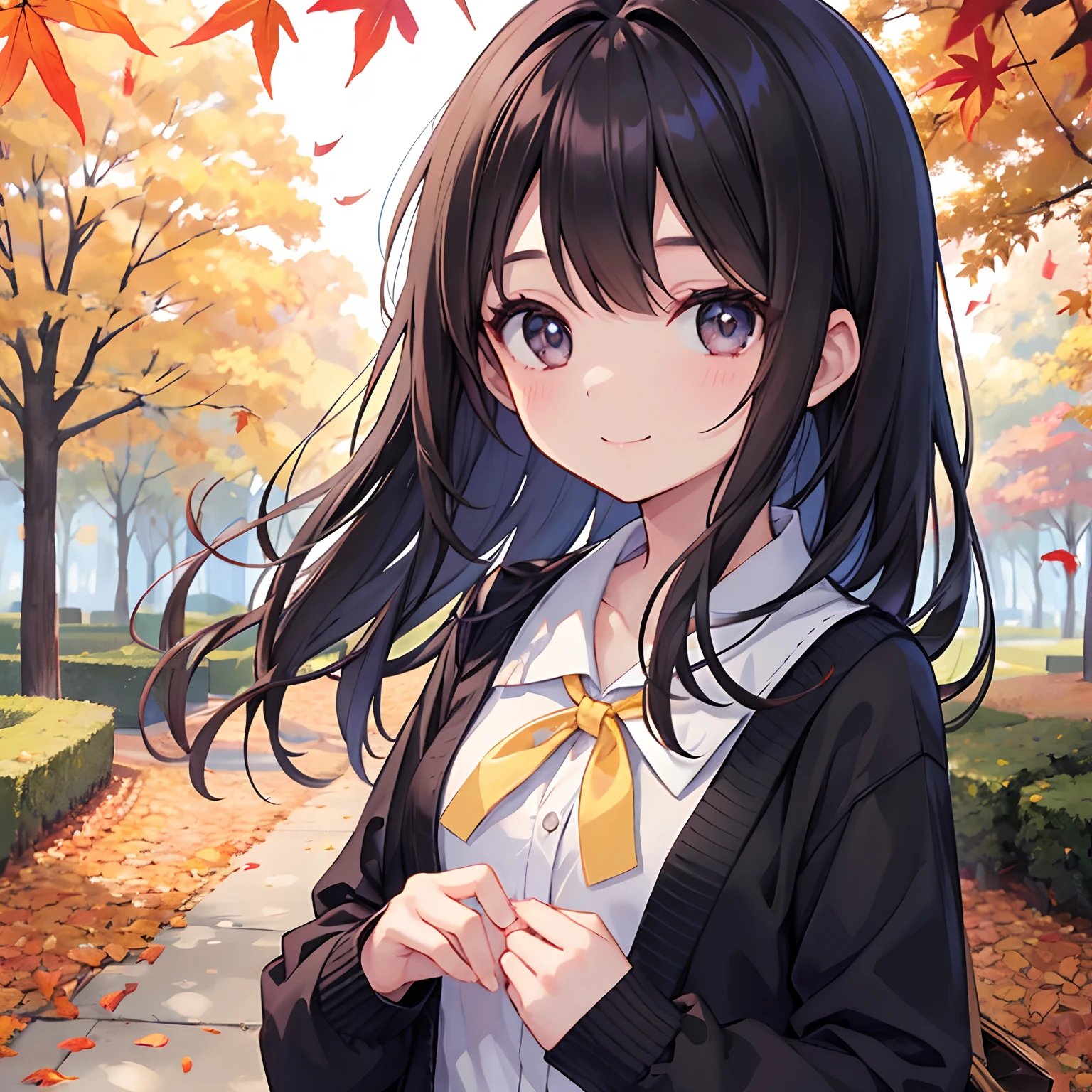 girl with、Dark hair、Black eyes、校服、autumnal、a park、leaves falling、Colored leaves、cardigan、stroll、ami、A smile、laught、Daytime、conversation、A delightful