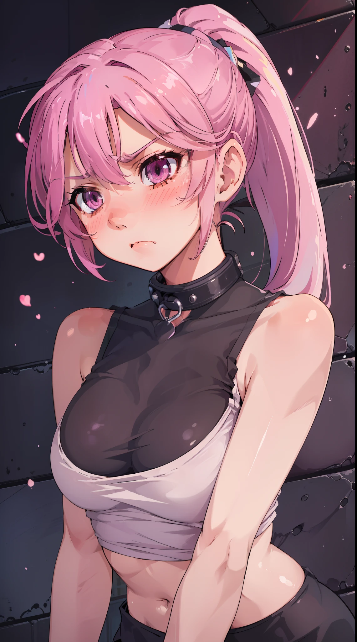 Jibril, ((upper body)), blushed, perfect anatomy, detailed eyes, detailed lips, extremely detailed eyes and face, vivid colors, sharp focus, masterpiece:1.2, ultra-detailed, blushed, ((doggystyle)), (solo), ((cropped tank top)), sleeveless, ((((ponytail)))), (((disdain, disgust))), ((black collar))