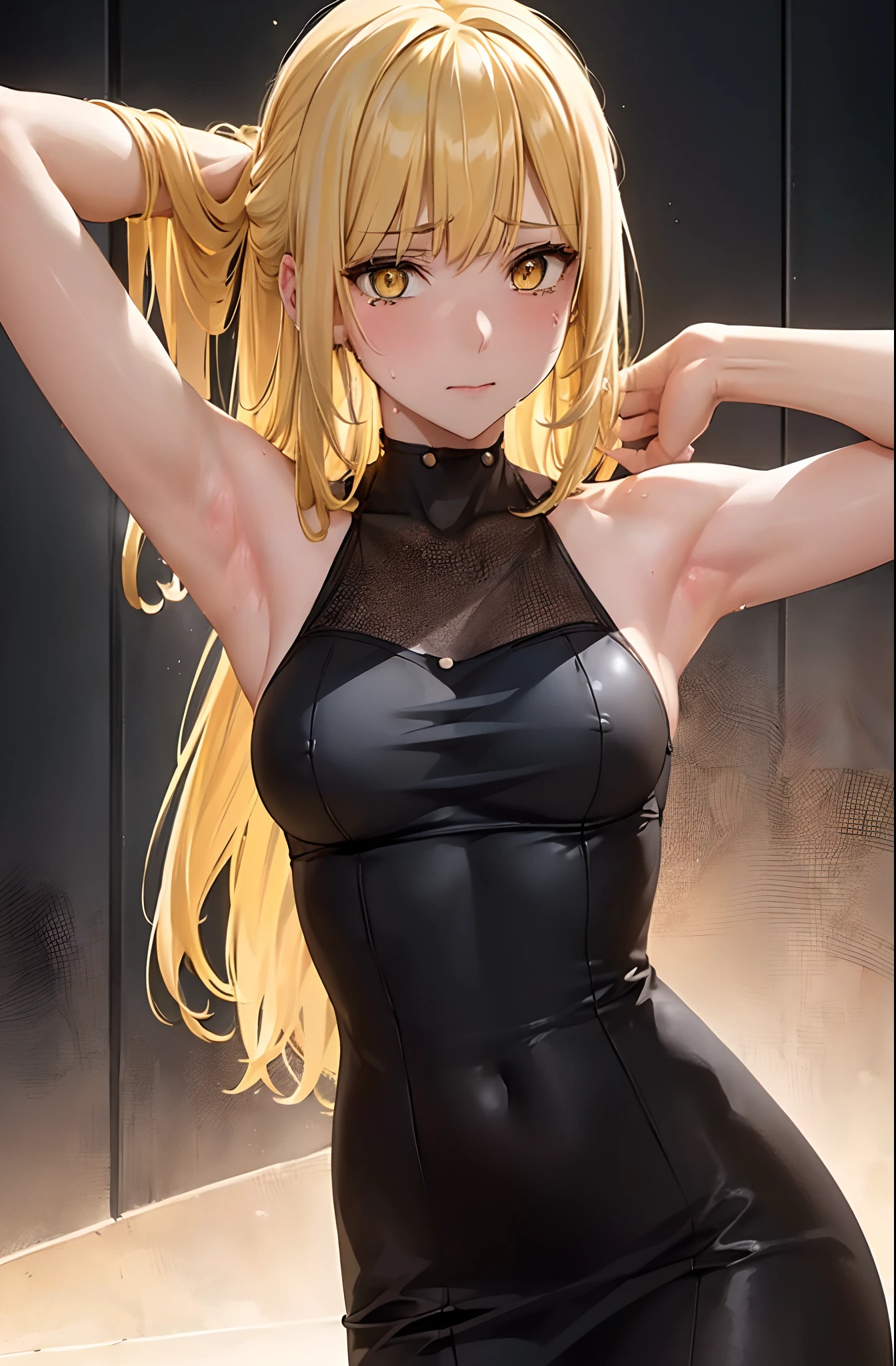 (Behind Wallenstein,Yellow hair,Long hair,Yellow eyes ),Detailed Focus:1.3, masutepiece, Best Quality, 1womanl,((Shot from the side of a woman)),Slender face,slender physique, Looking at Viewer, Cute, medium breasts, Beautiful detailed eyes, detailed armpit,detailed hairs,embarrassed:03,is crying:0.8,with arms up,Armpit, full of sweat,((Close-up under armpits:1.5)),Late night toilet background, ((mistress, Authority)),Black Dress