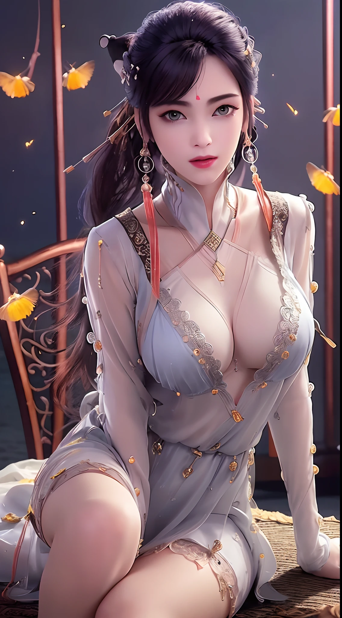 "(((1 beautiful and super sexy:1.8))), 20 year old young girl, ((masturbation:1.6)), ((hot erotica:1.5)), ((wearing a transparent silver nightgown with sexy white lace trim:1.7)), (((Transparent nightgown can see each part of the sexy girl's body:1.7))), ((a dress with diamonds:1.7)), ((long black hair:1.6)), jewelry elaborately made from precious stones and beautiful hair, the noble, noble style of an extremely beautiful girl, her small face is super cute, her face is very pretty, thin eyebrows, flawless beautiful face, ((black eye pupils: 0.8)), very beautiful eyes, ((silver eyes: 1.6)), (((big round eyes:1.6))), nice makeup and hair detailed eyelashes, steamy eye makeup, high nose, earrings, red lips, ((closed mouth: 1.5)) beautiful lips, slim hands, most beautiful thighs, ((arms spread out to the sides: 1.5)), rosy face, clean face, flawless beautiful face, smooth white skin, (big breasts: 1.5)), ((high breasts: 1.6)), tight breasts, beautiful cleavage, (((big breasts and super round: 1.8))), ((super tight breasts: 1.7)) , beautiful breasts, perfect body, back arms, chest out, ((sitting position with chest up and arms behind: 1.5)), ((open your legs in front of the audience and viewers:1.5)), don't be shy, 8k photo, super high quality, super realistic, super 10x pixels, bright studio, bright edges, dual-tone lighting, (high-detail skin:1.2), super 8k, soft lighting, high quality, volumetric lighting, photorealistic, photorealistic high resolution, lighting, best photo, 4k, 8k quality, smooth sharp, 10x pixel, ((Beach at night and fireflies background:1.5)), aurora, lightning, super graphics realistic, most realistic graphics, 1 girl, alone, solo, Extremely sharp image, surreal, wide angle, face focus, ((frontal portrait:1.6)),