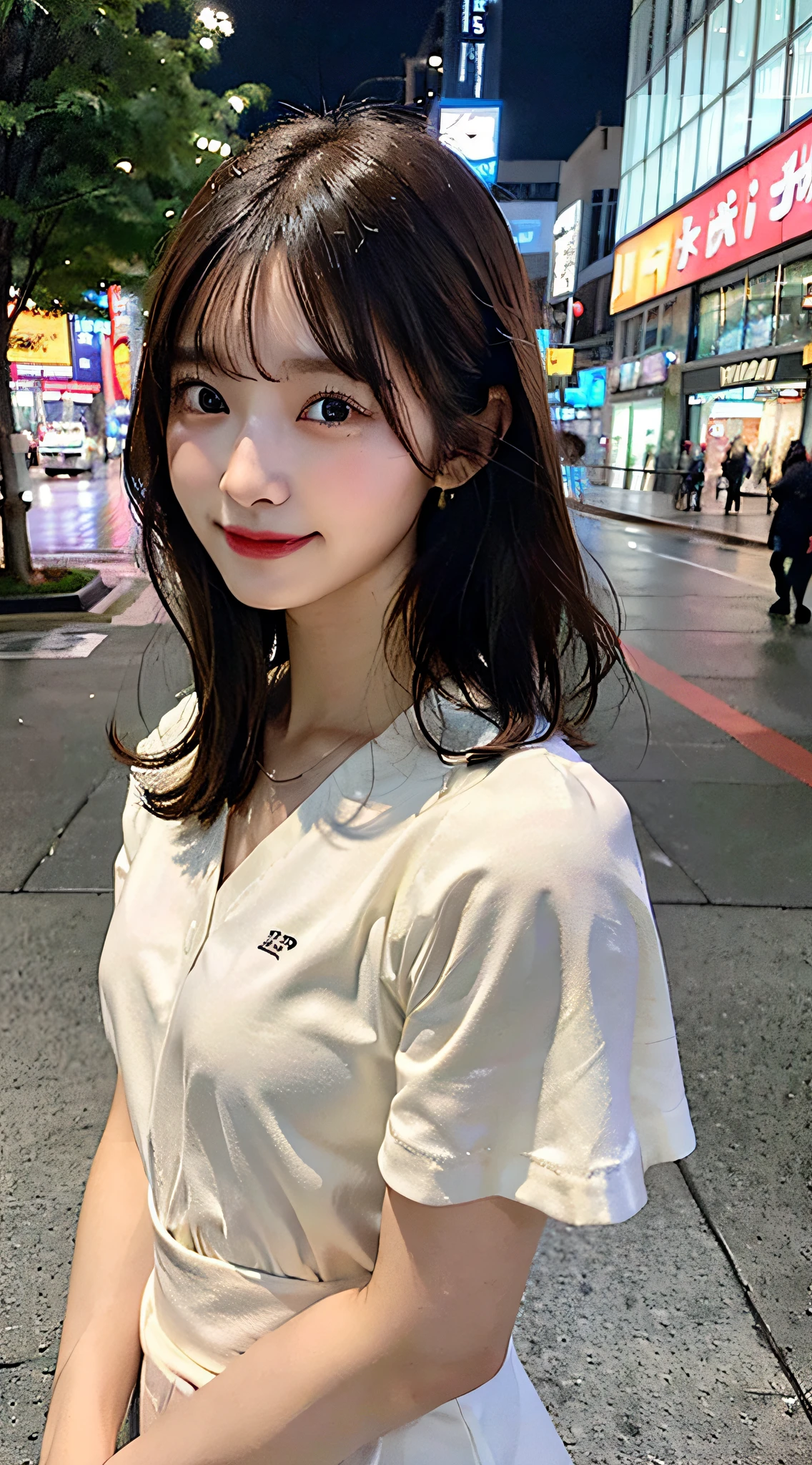 (8K、Raw photography、top-quality)、(realisitic、Photorealsitic:1.37)、女の子1人、see the beholder、beautifull detailed face、A smile with a little visible teeth、Constriction、(Slim waist) :1.3)、cardigan、tshirts、JINS、Beautiful detailed skin、Skin Texture、((short-hair))、large breasts with good shape、Professional Lighting、Evening city center、Whole human body、Brown hair