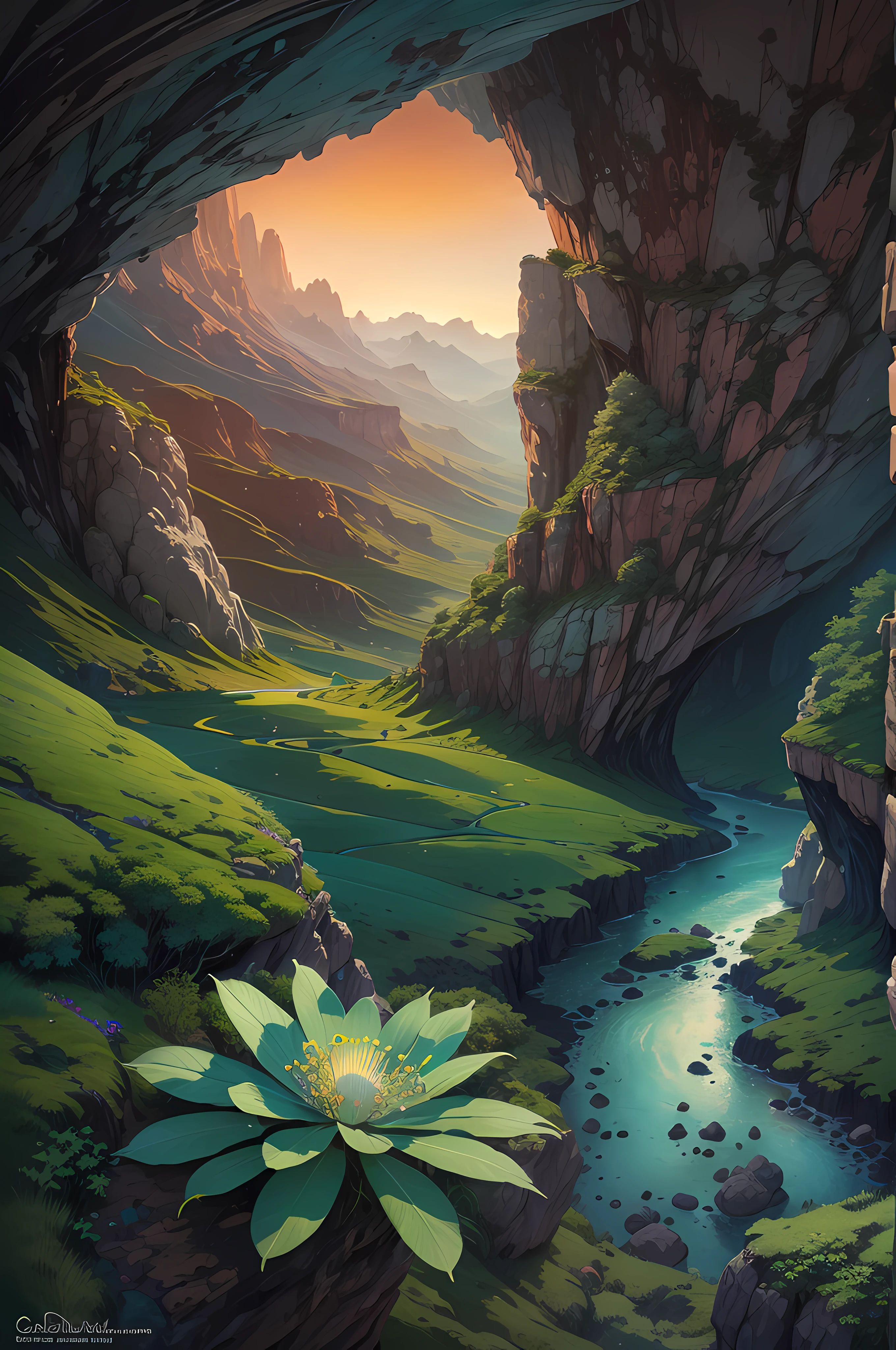 Prompt
complex art, a valley on Mars with a flower-covered mountainscape at sunset, in the foreground, a silky, shiny green blue black-petaled flower with transparent glistening dewdrops cascading between its leaves, rooted in stone on the edge of a mountain cliff, exquisitely detailed, captivating, expertly composed, harmonious color palette, evocative